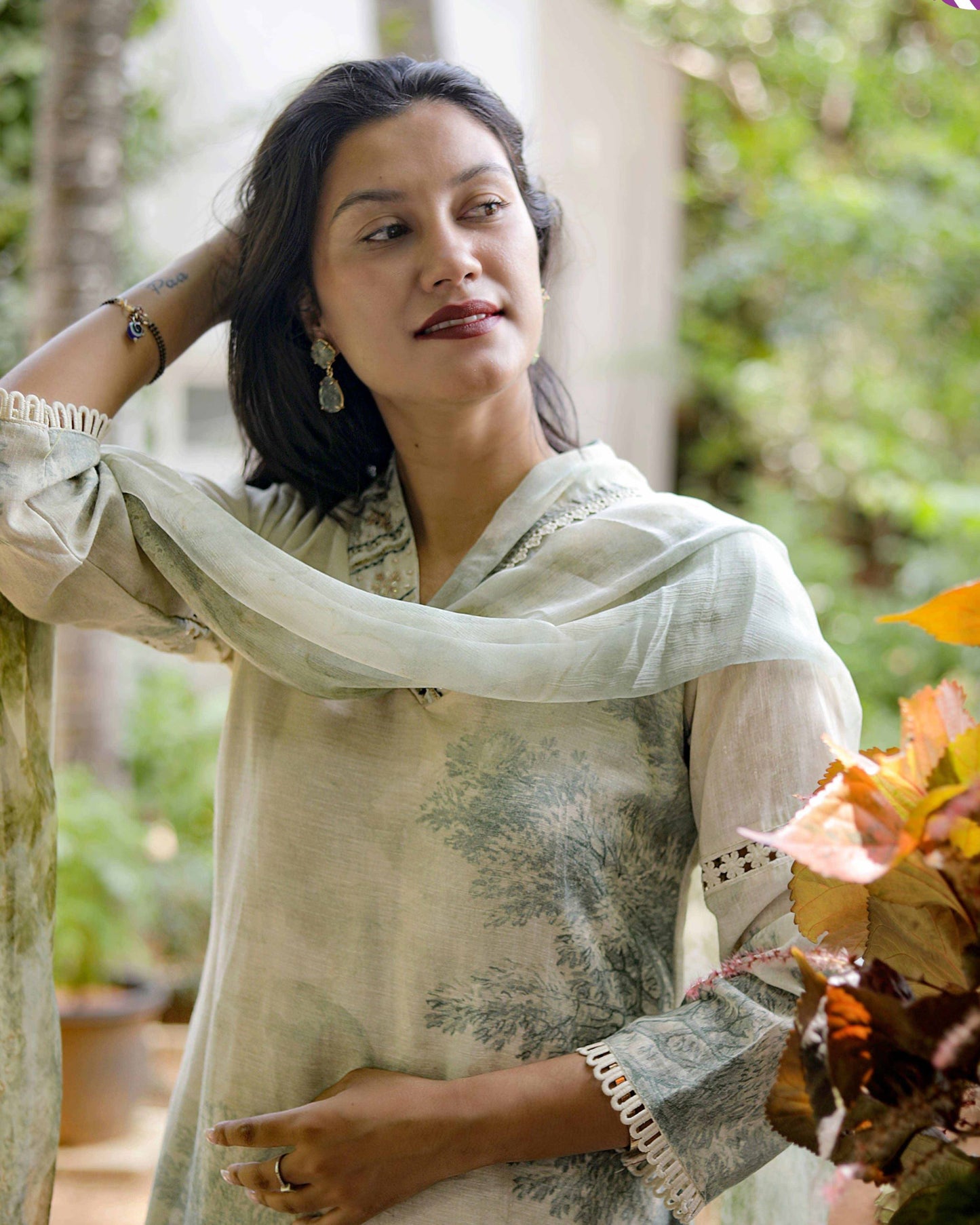 Cream Green Stylish V Neck Kurta with Pant and Dupatta
