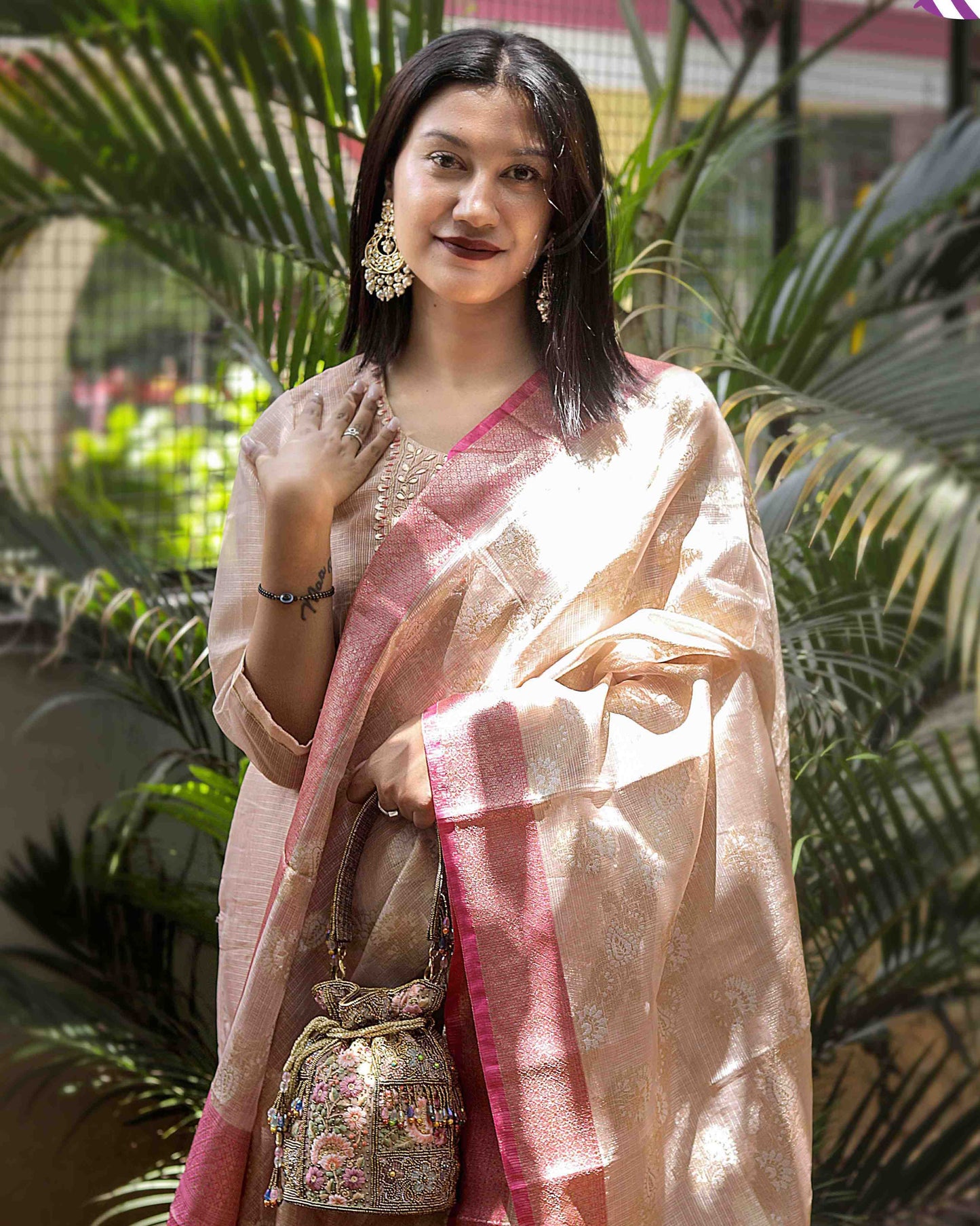 Peach Tissue Silk Embroidered Kurta with Pant and Dupatta