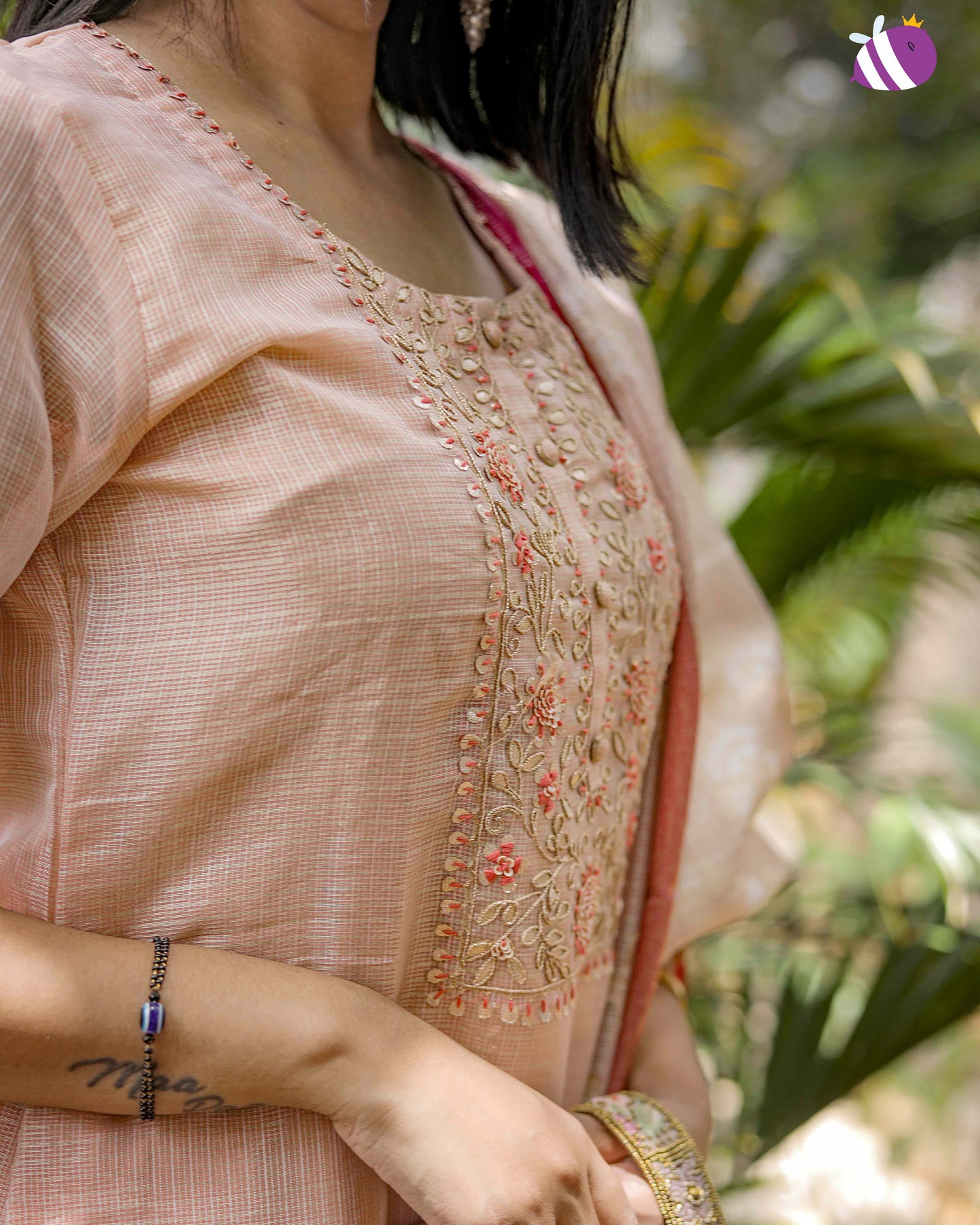 Peach Tissue Silk Embroidered Kurta with Pant and Dupatta