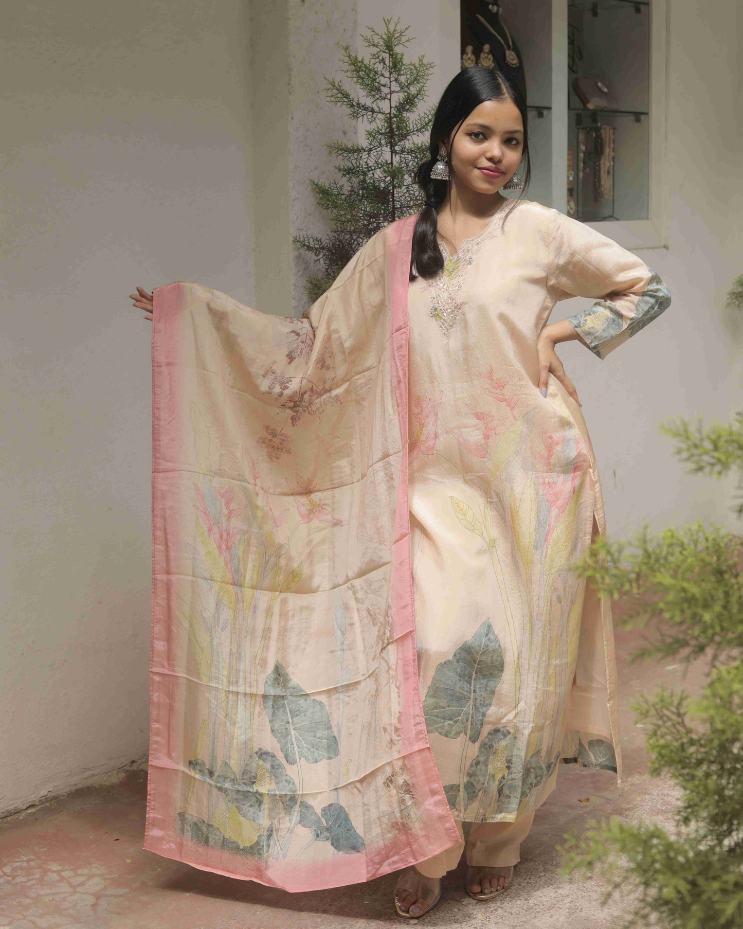 Beige Silk Kurta with Pant and Dupatta