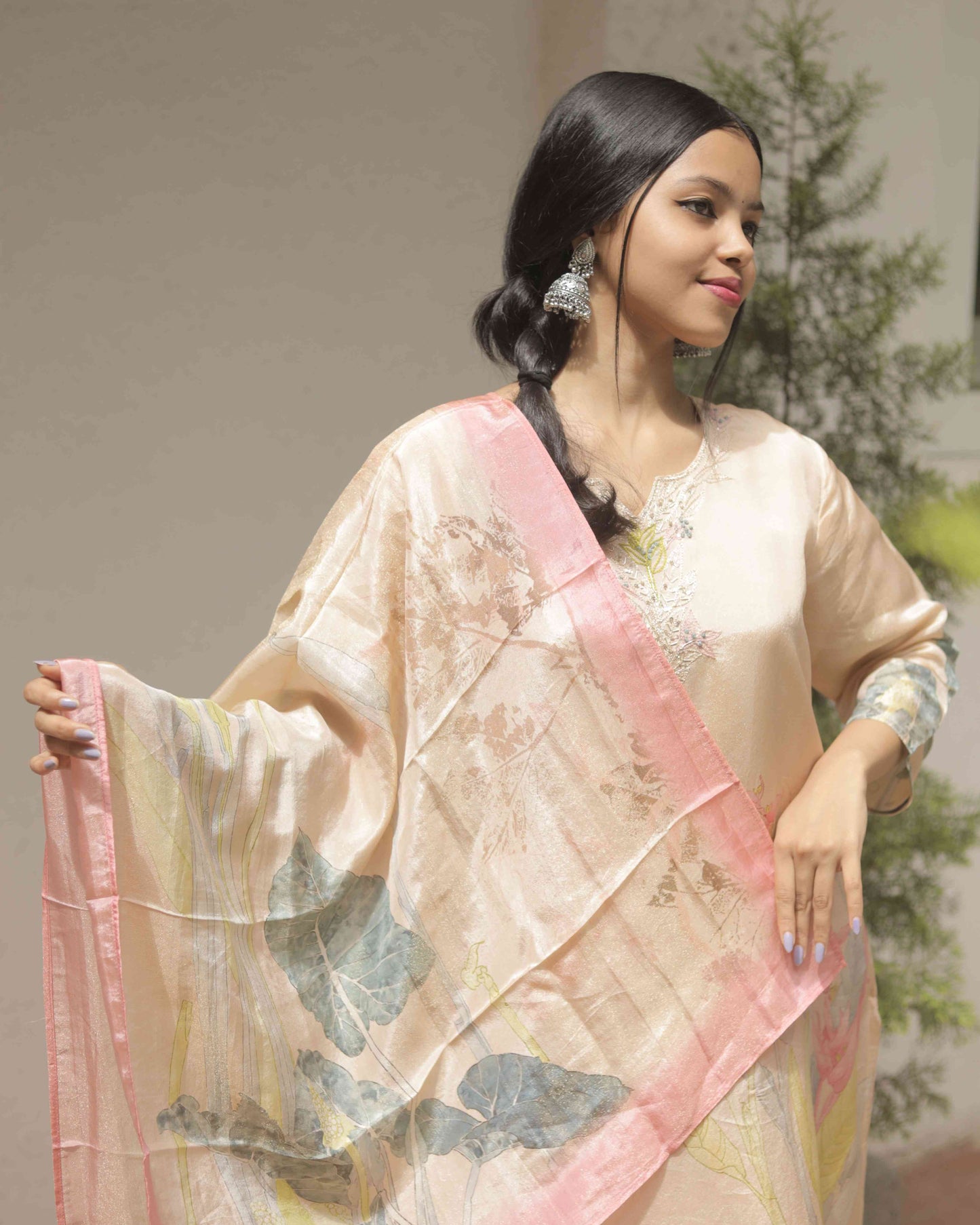 Beige Silk Kurta with Pant and Dupatta