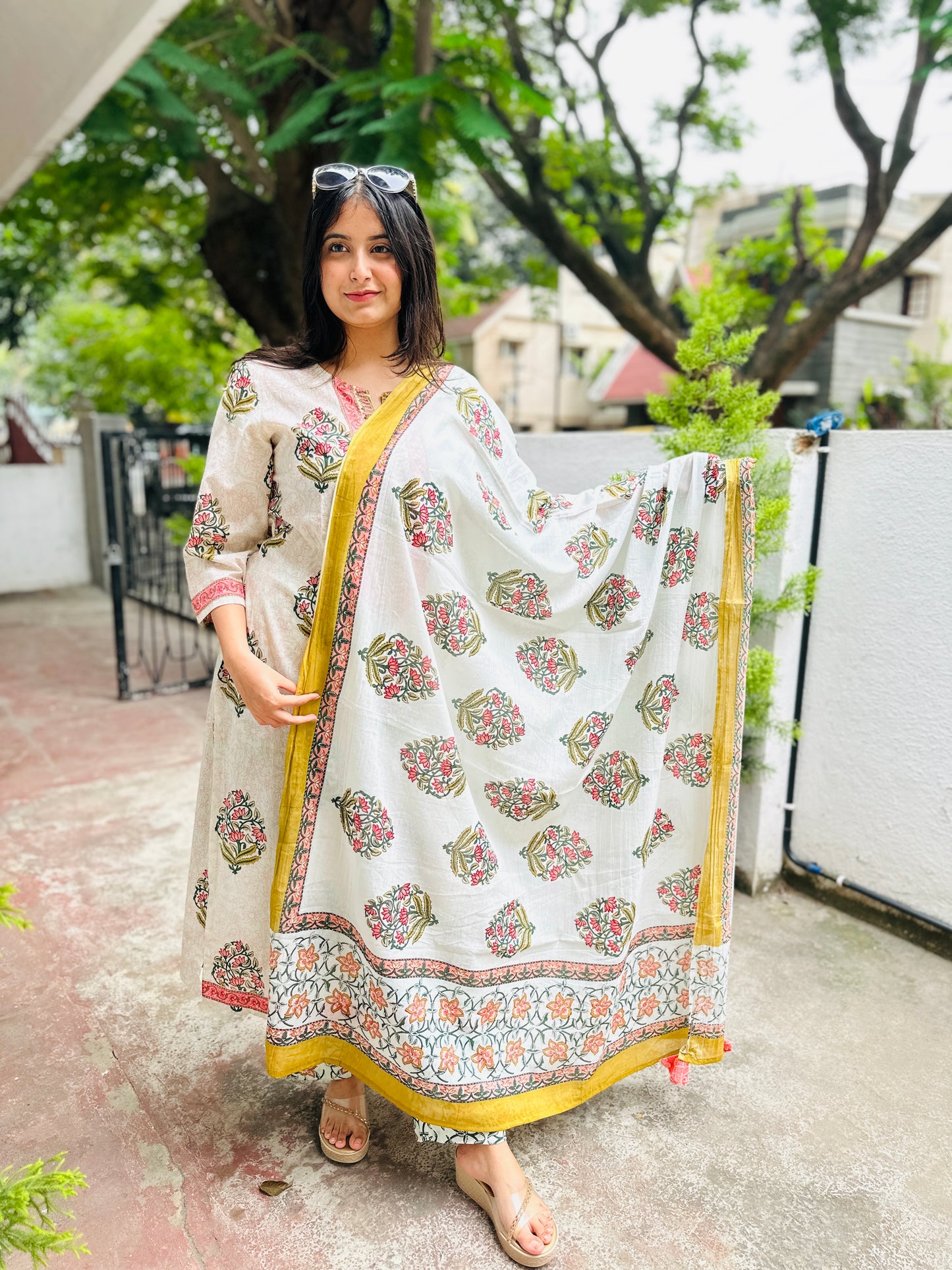 White Pink Cotton Kurta with Pant and Dupatta