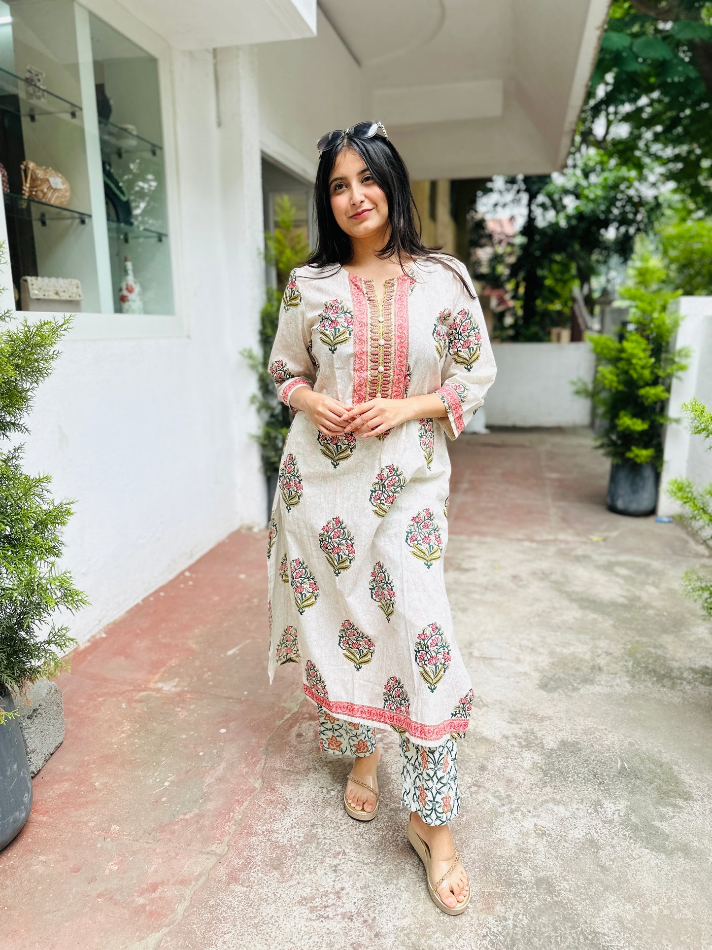 White Pink Cotton Kurta with Pant and Dupatta