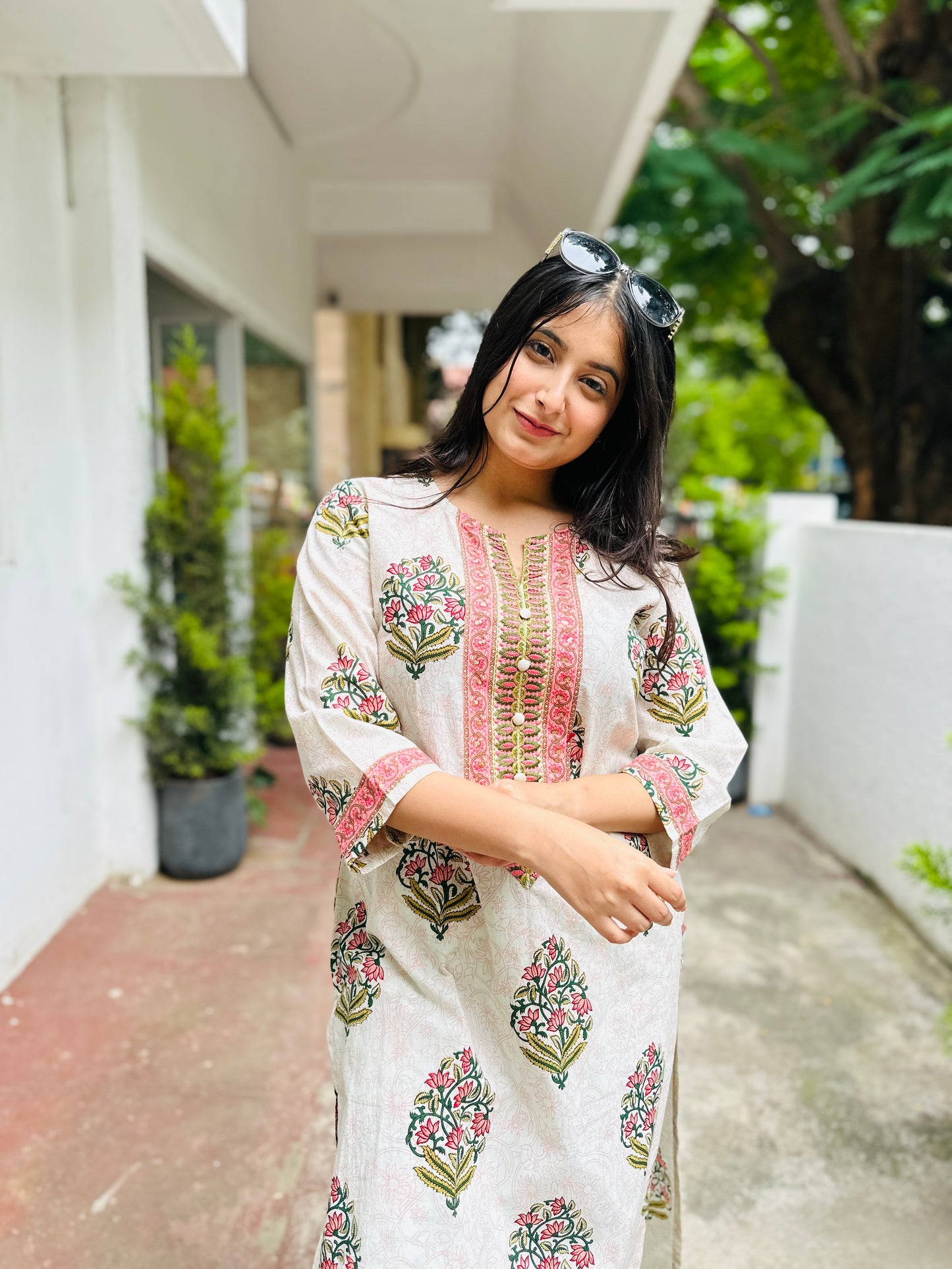 White Pink Cotton Kurta with Pant and Dupatta