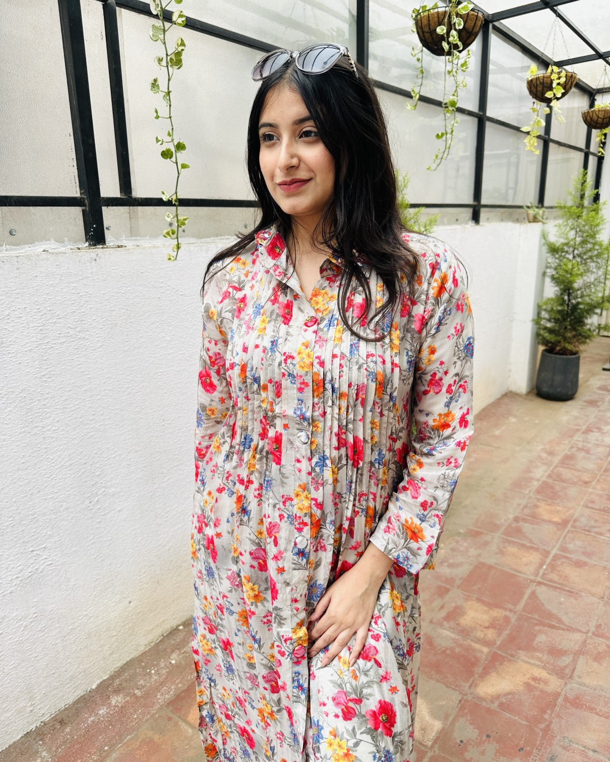 Cream Muslin Pleated Kurta with Pant