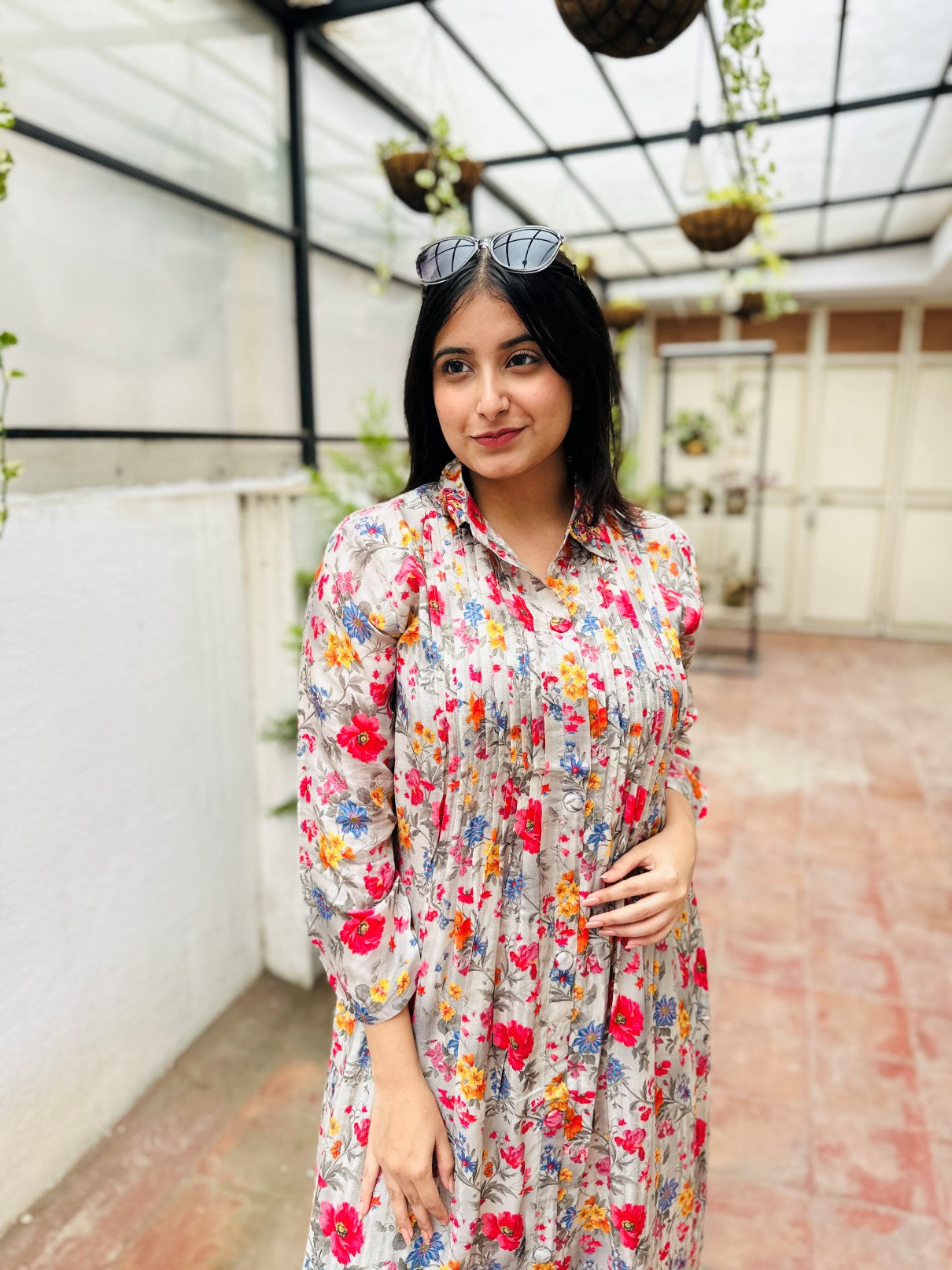 Cream Muslin Pleated Kurta with Pant