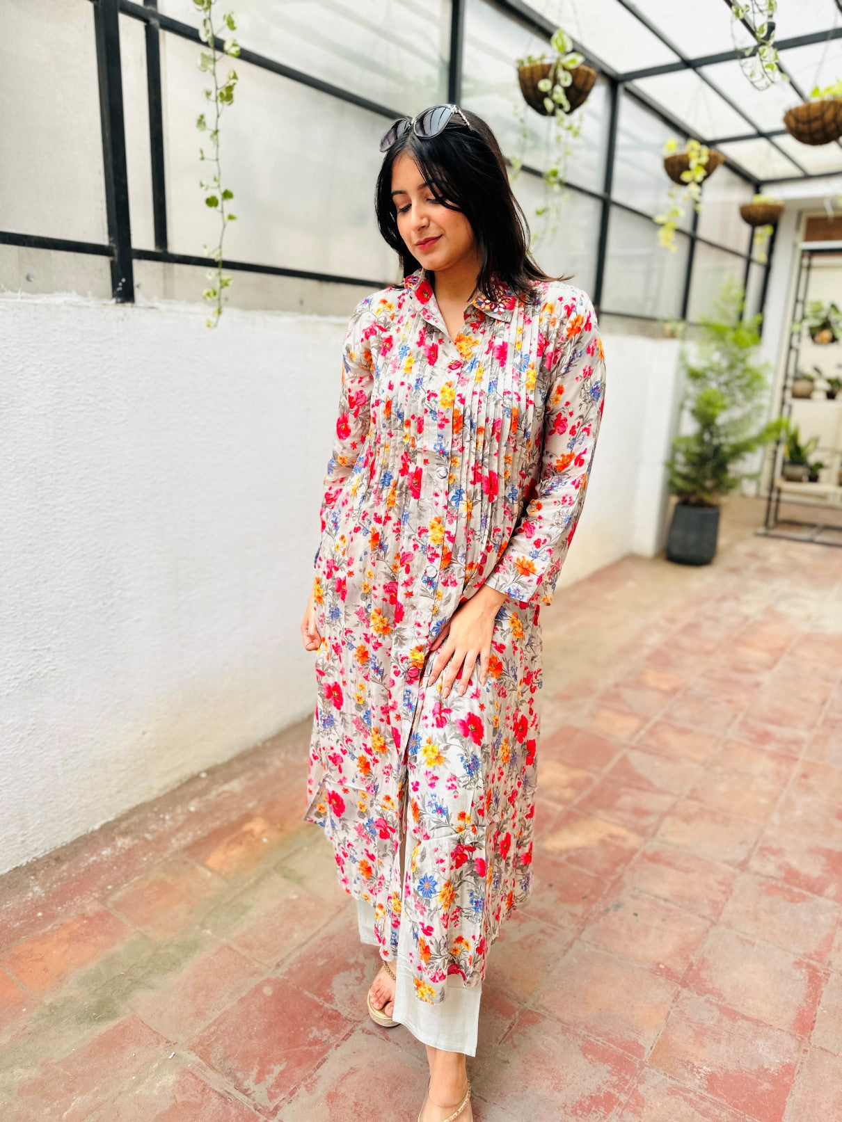 Cream Muslin Pleated Kurta with Pant