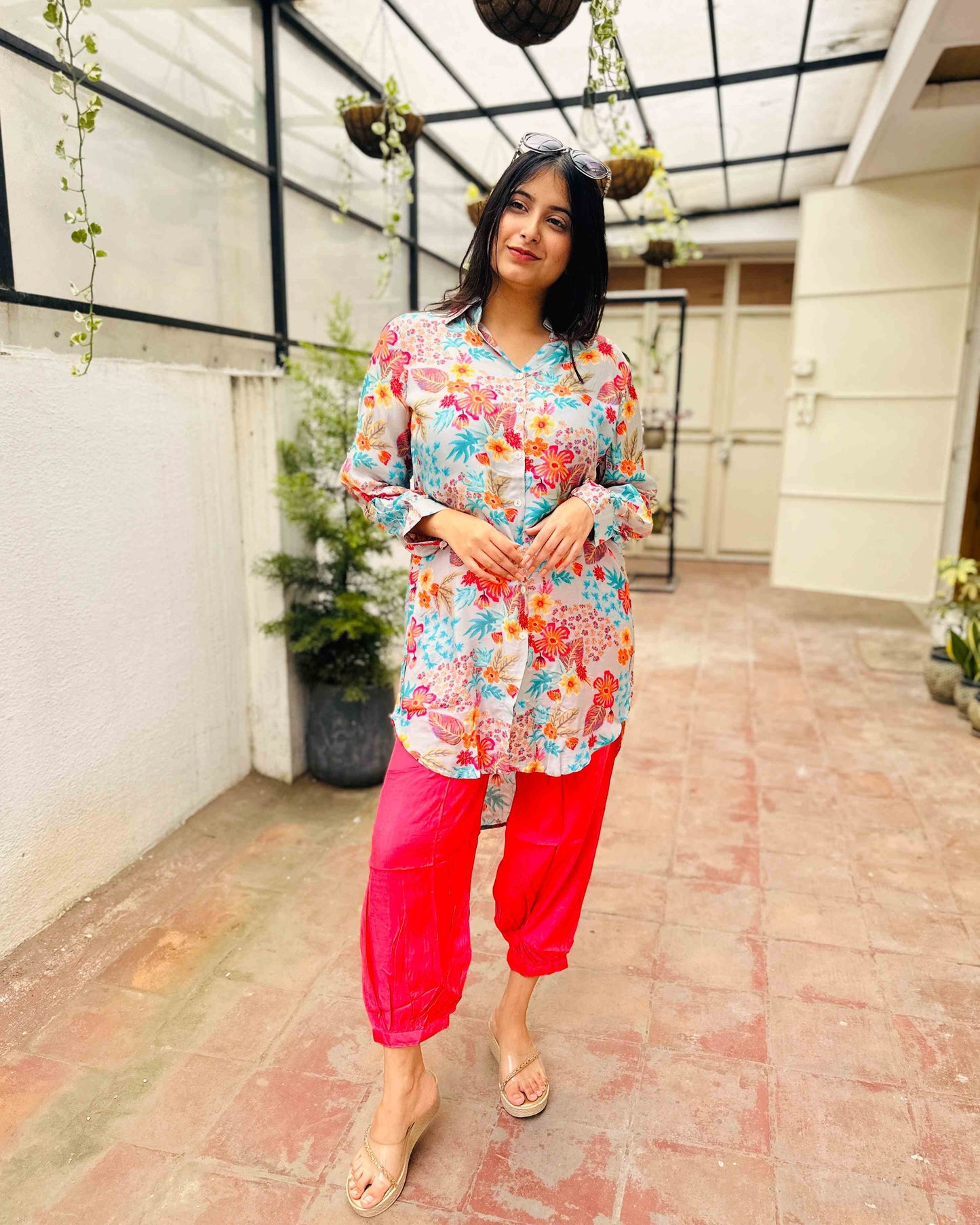 Grey Orange Floral Muslin Co-Ord Set