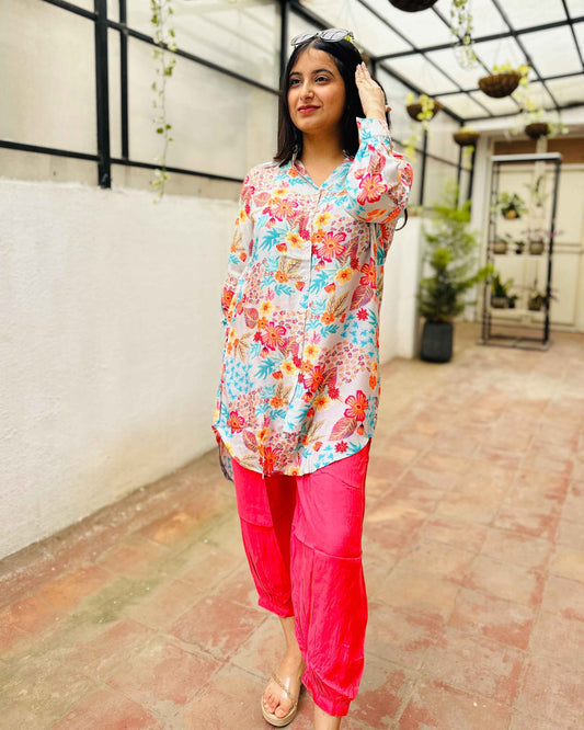 Grey Orange Floral Muslin Co-Ord Set