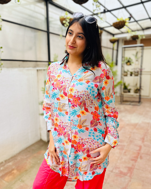 Grey Orange Floral Muslin Co-Ord Set