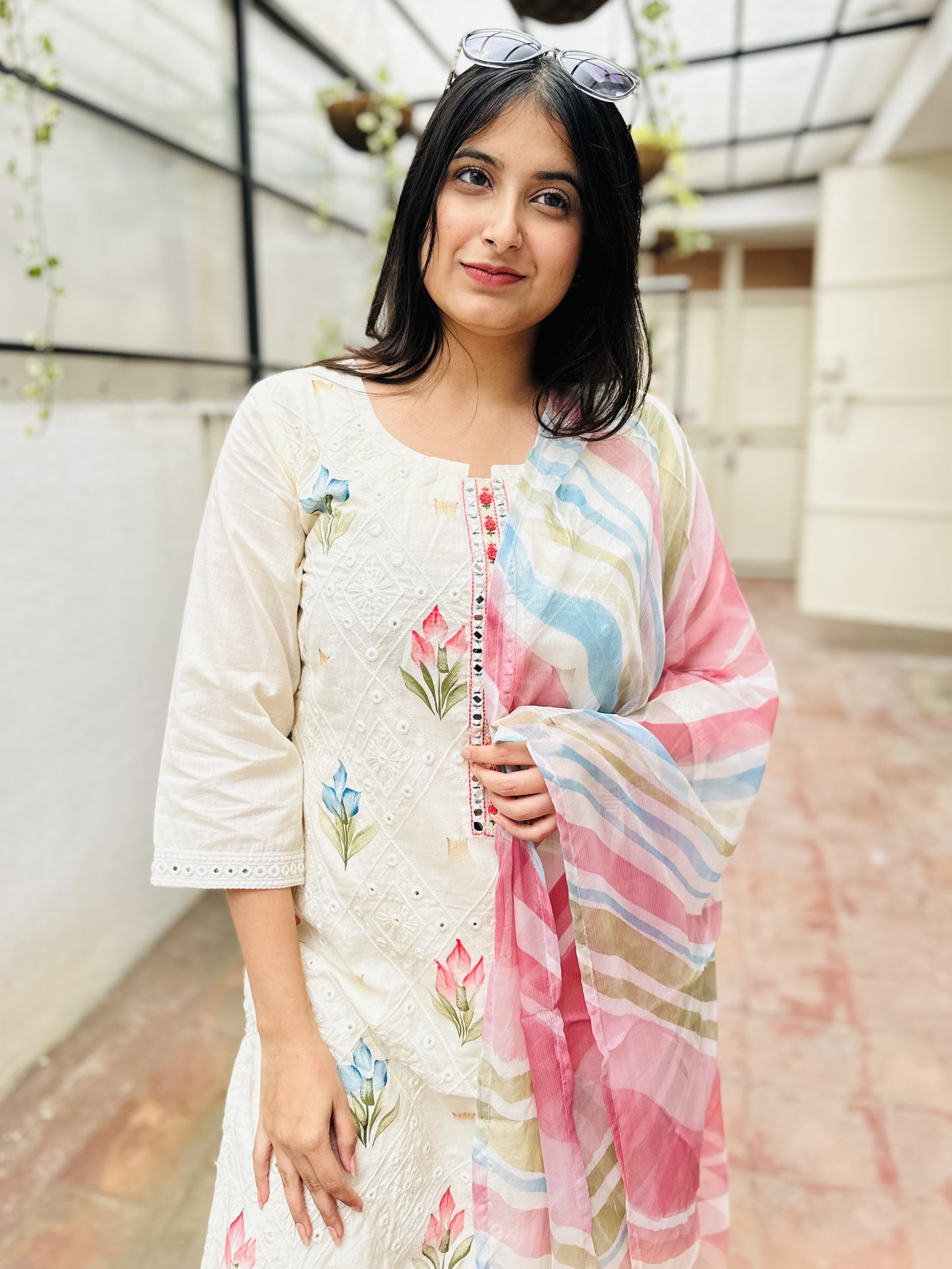 Off-White Cotton Embroidered Kurta with Pant and Multi Color Dupatta