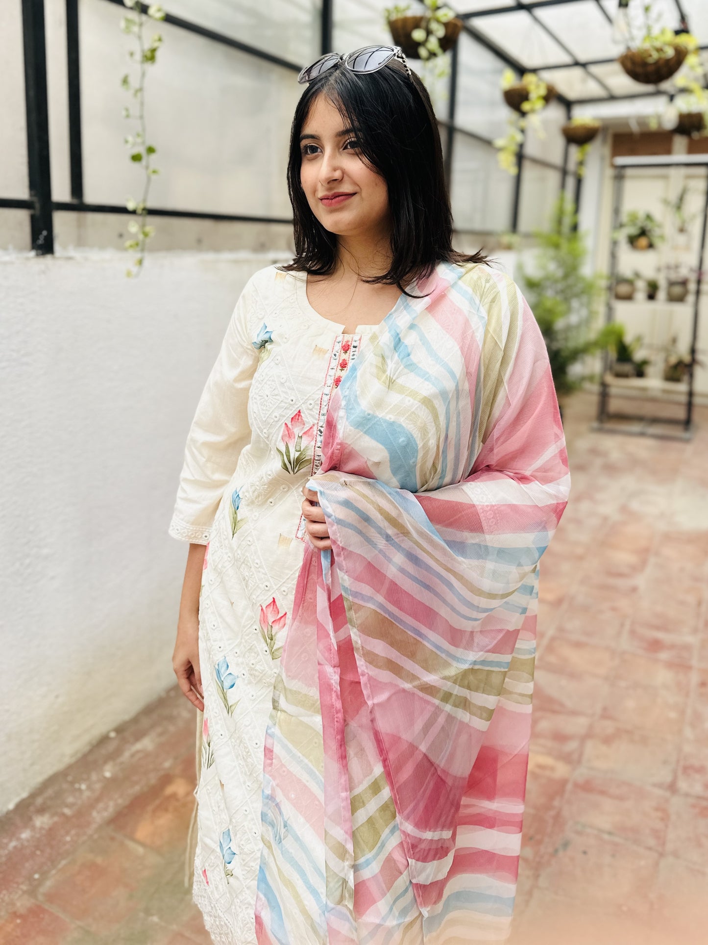 Off-White Cotton Embroidered Kurta with Pant and Multi Color Dupatta