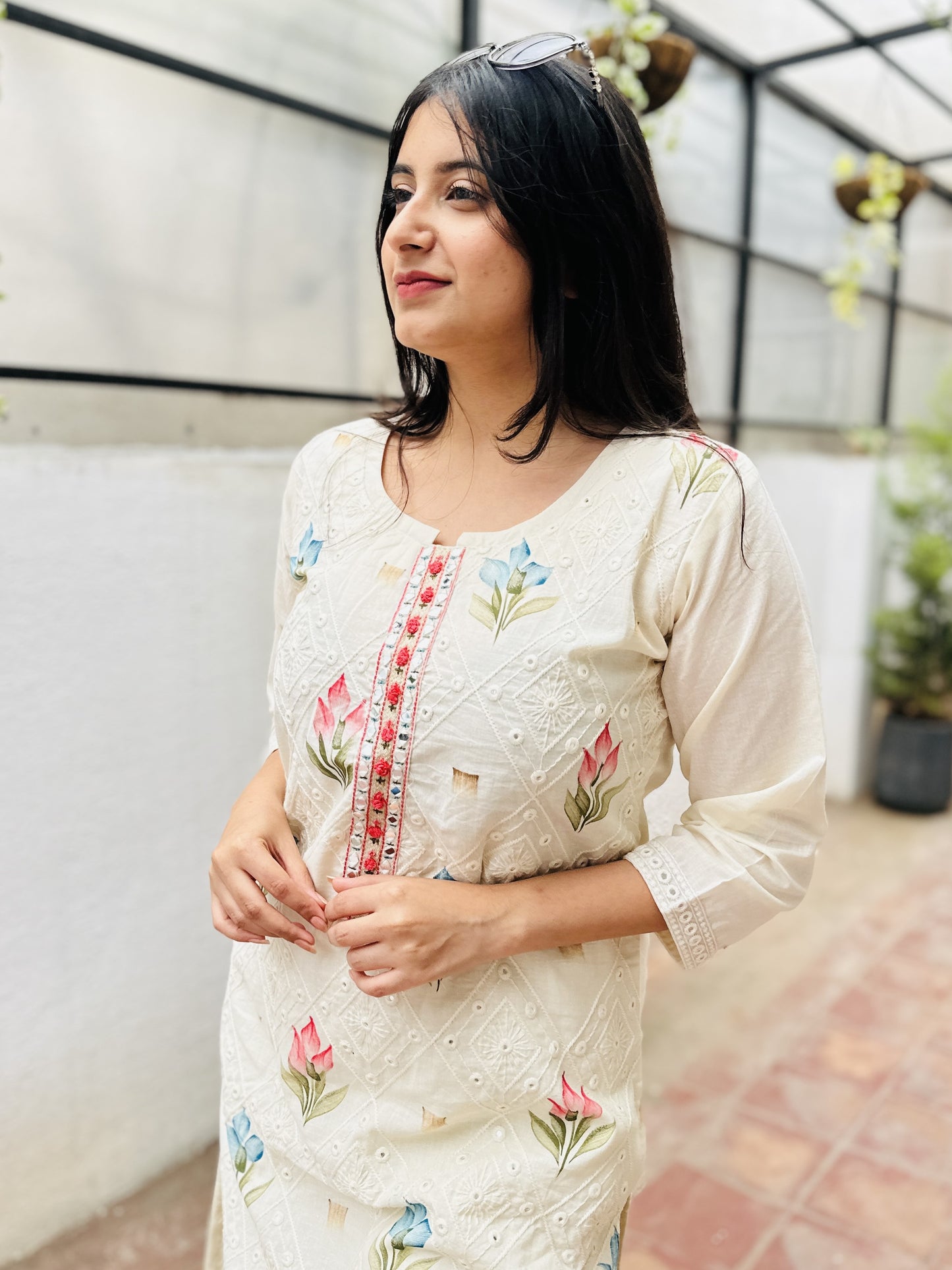 Off-White Cotton Embroidered Kurta with Pant and Multi Color Dupatta