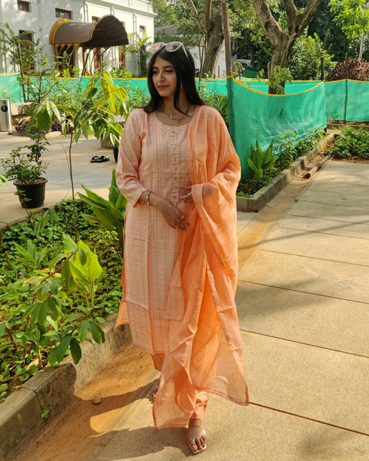 Peach Muslin Gota work Kurti with Pant and Dupatta