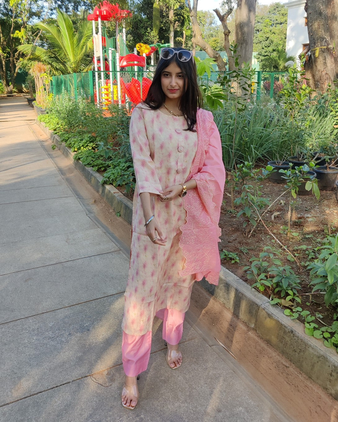 Peach Print Muslin Kurti with Pant and Dupatta