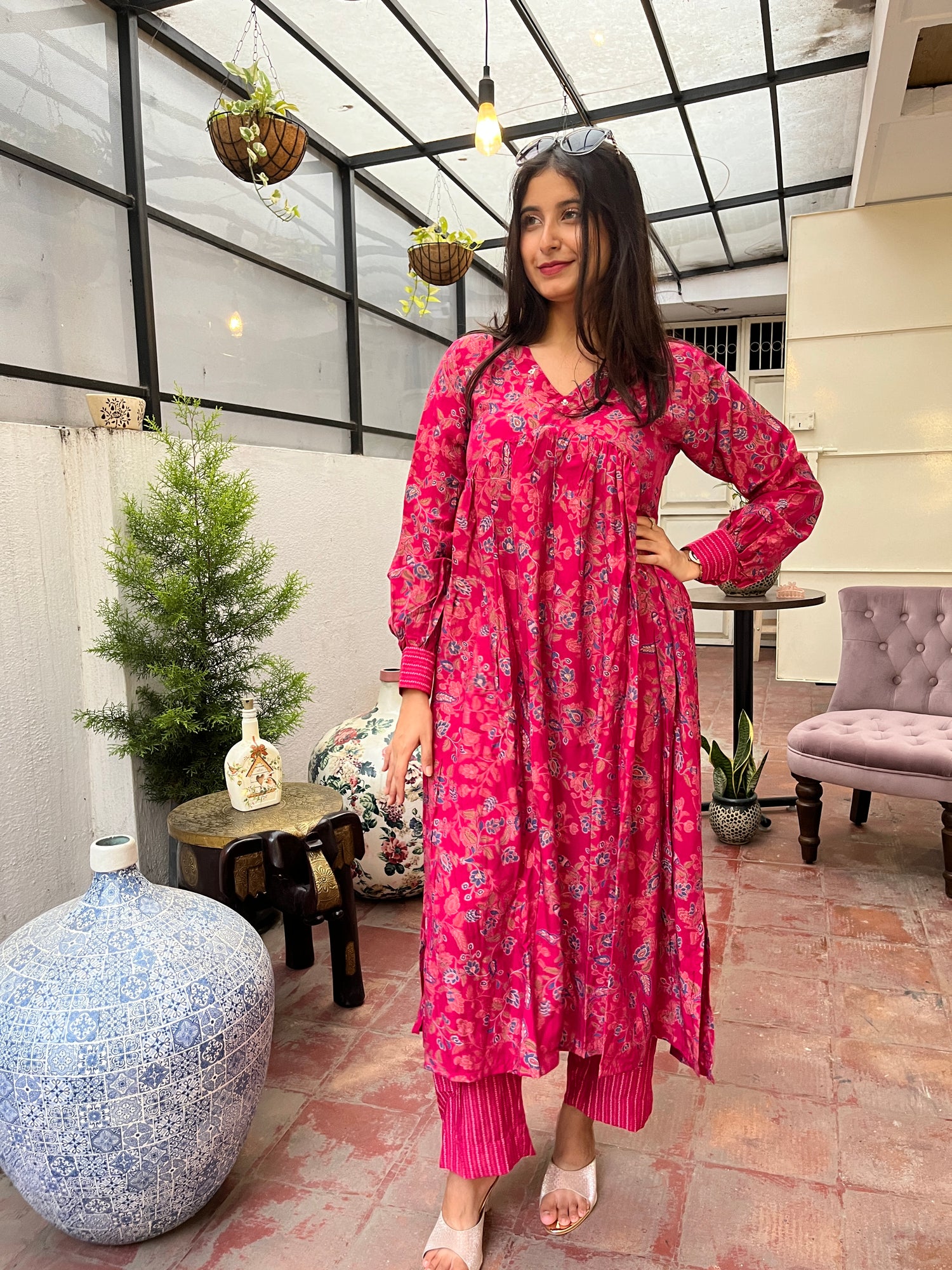 Pink Alia Cut Cotton Kurta and Pant Set