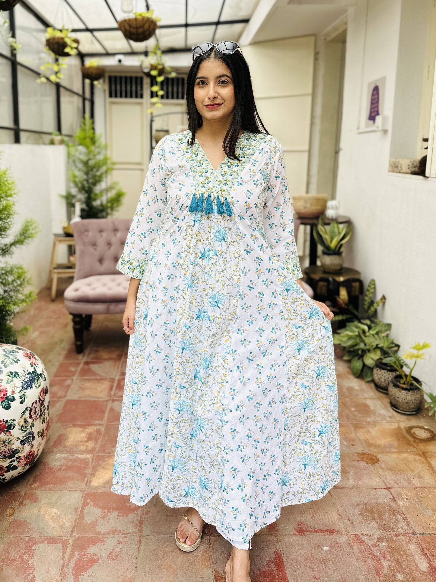 White Cotton V Neck Naira Cut Kurta with Pant and Dupatta