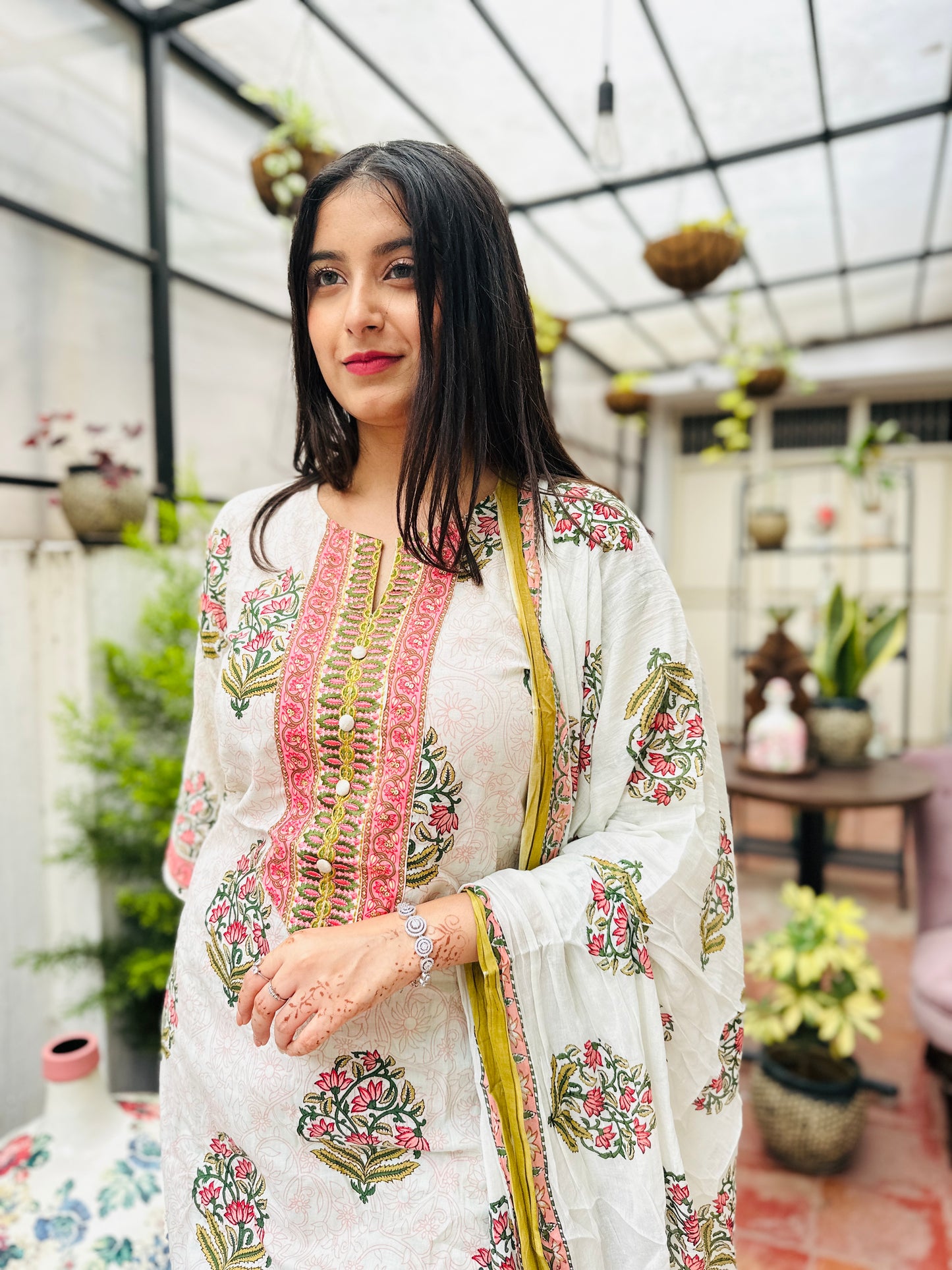 White Pink Cotton Kurta with Pant and Dupatta