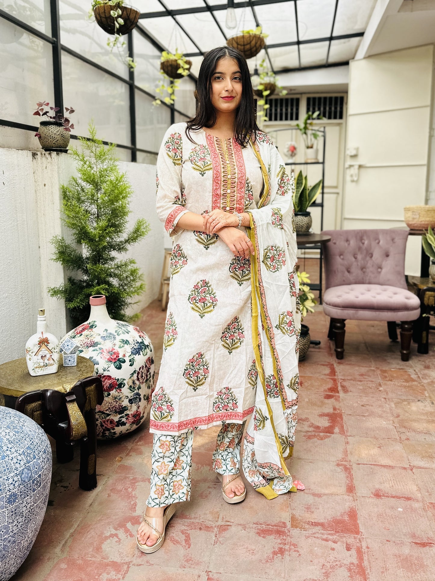White Pink Cotton Kurta with Pant and Dupatta