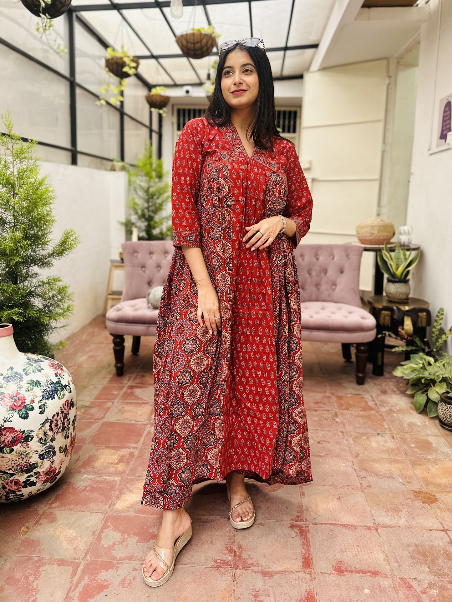Rust Cotton Naira Cut Kurta with Pant and Dupatta