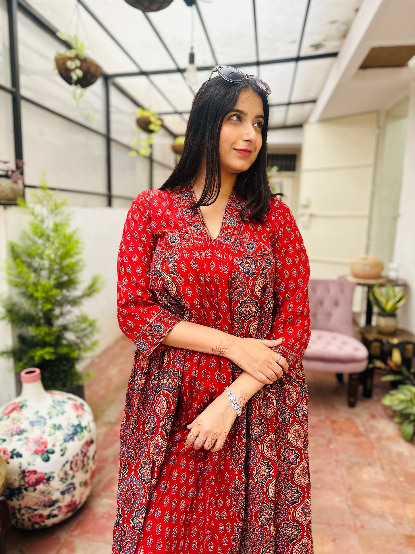 Rust Cotton Naira Cut Kurta with Pant and Dupatta