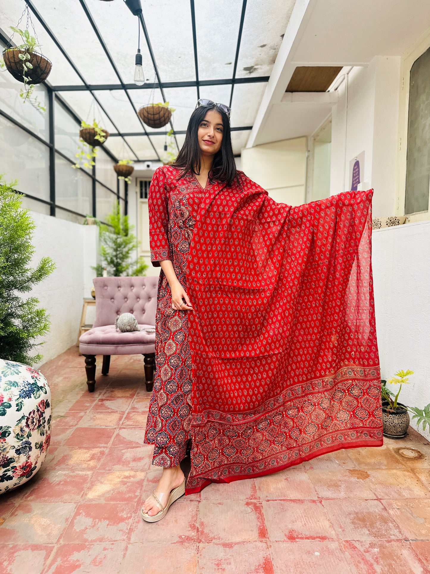 Rust Cotton Naira Cut Kurta with Pant and Dupatta