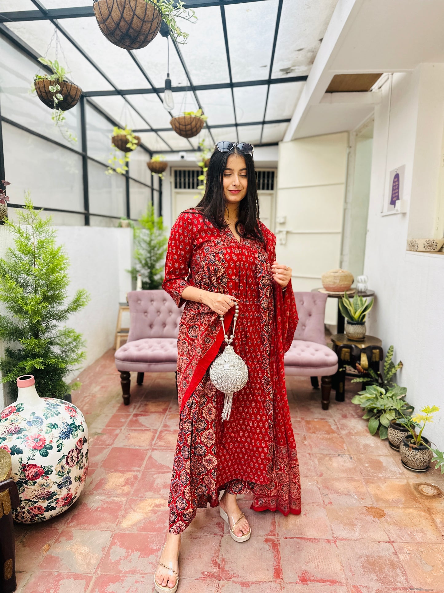 Rust Cotton Naira Cut Kurta with Pant and Dupatta