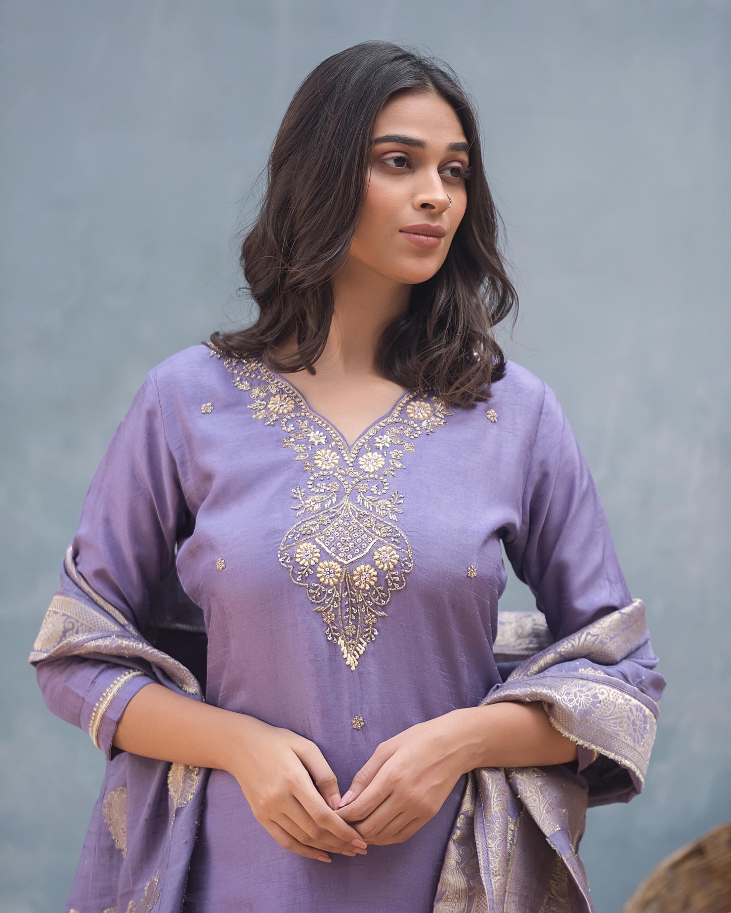 Lavender Dola Silk Heavy Embroidery Kurta with {ant and Sequin Work Dupatta