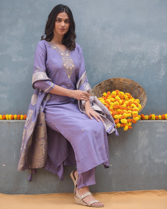 Lavender Dola Silk Heavy Embroidery Kurta with {ant and Sequin Work Dupatta