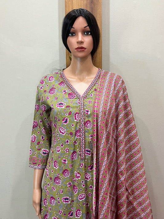Brown Cotton V Neck Dupatta Set