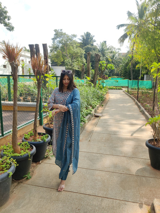Greyish Blue Premium Muslin Kurta with Pant and Dupatta