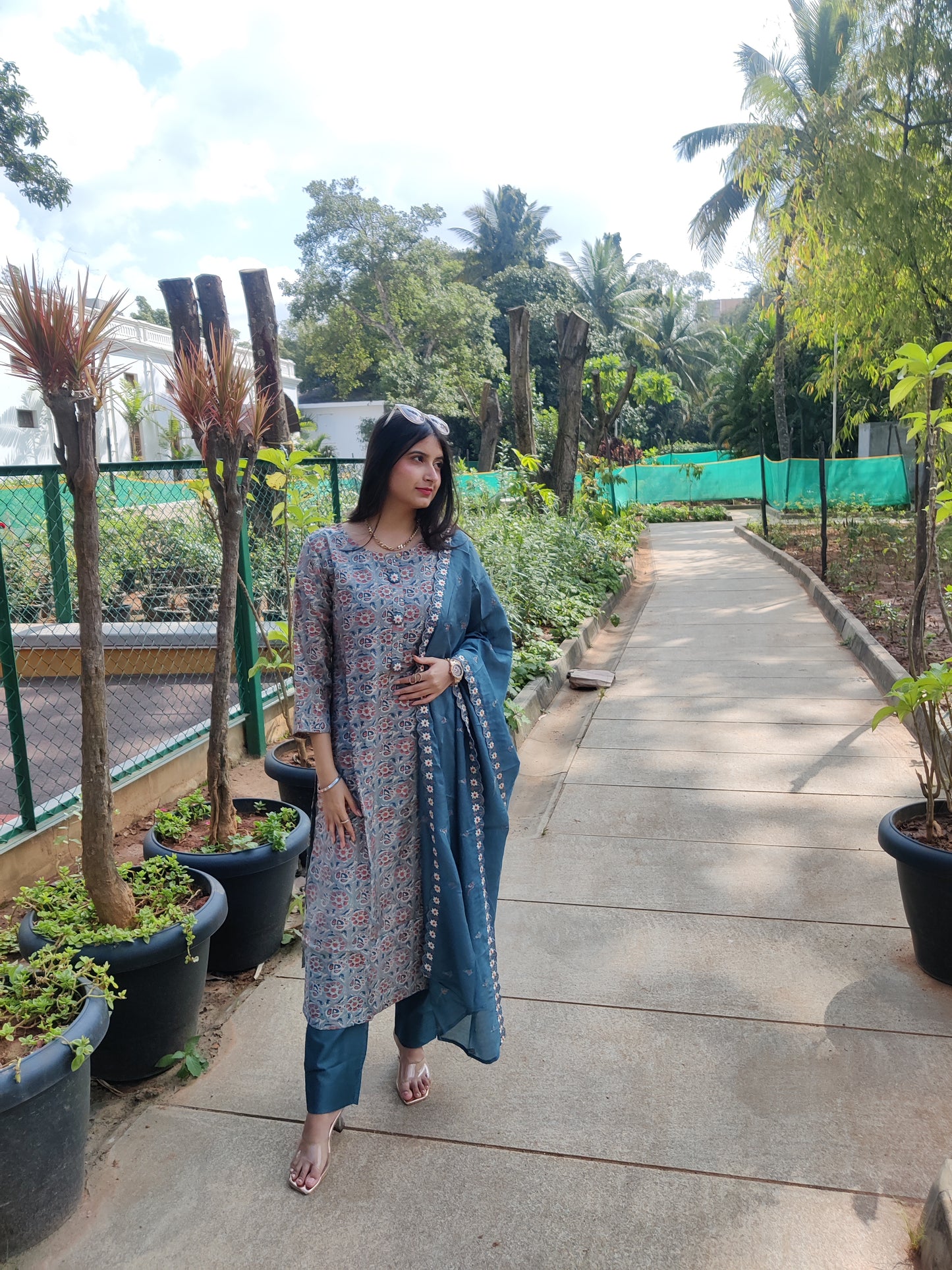 Greyish Blue Premium Muslin Kurta with Pant and Dupatta