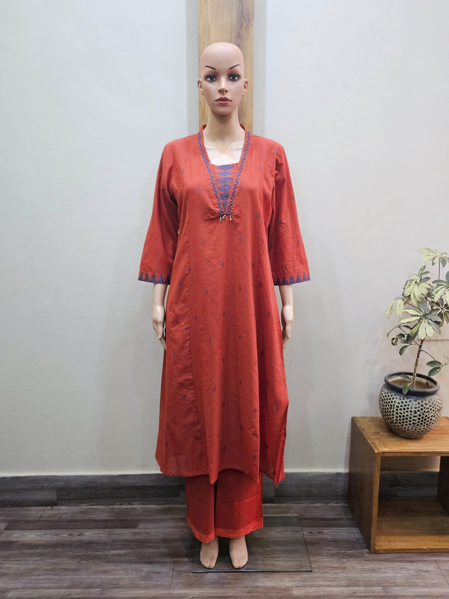 Rust Cotton Stylish Neck Pant Set