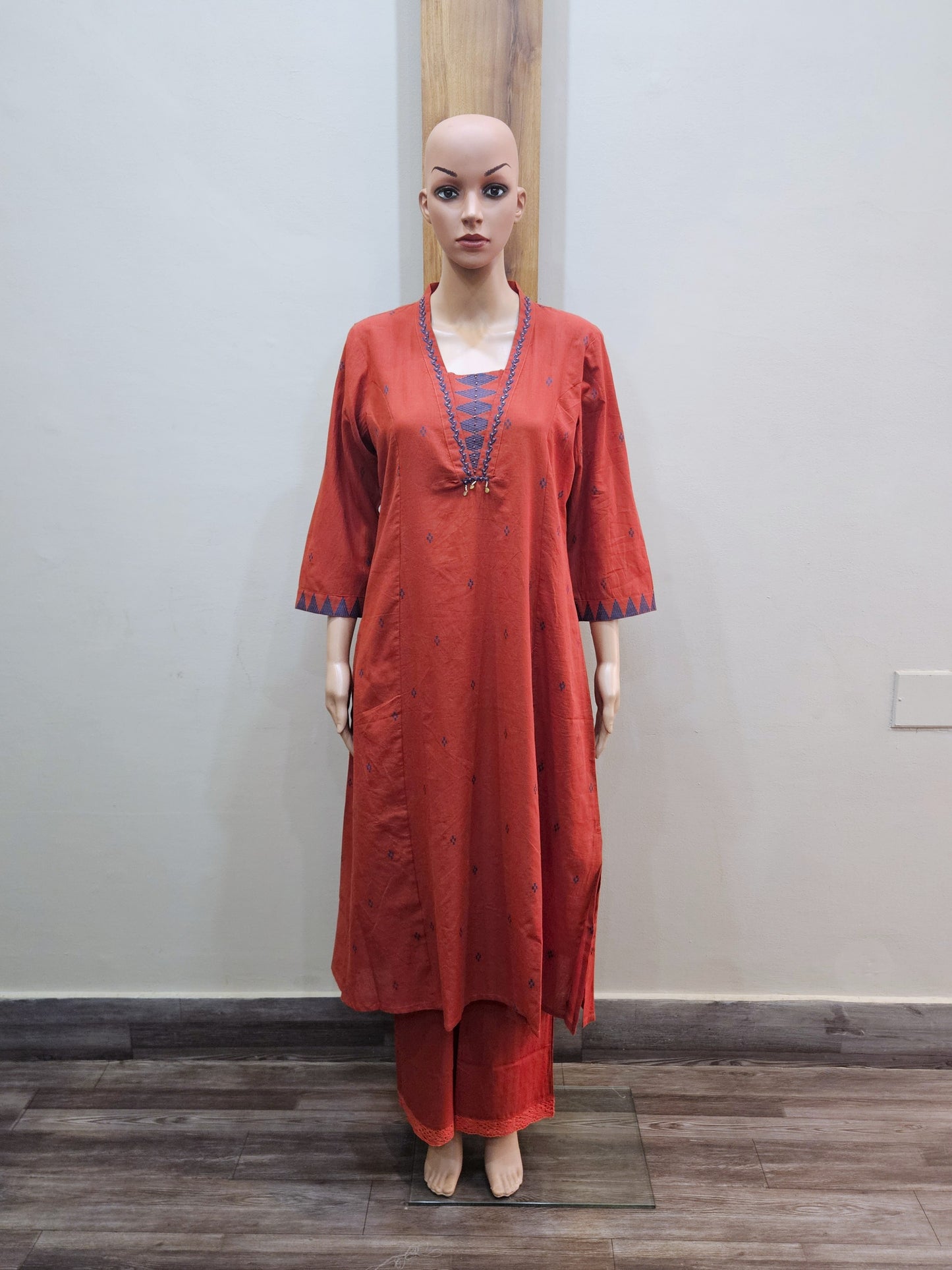 Rust Cotton Stylish Neck Pant Set
