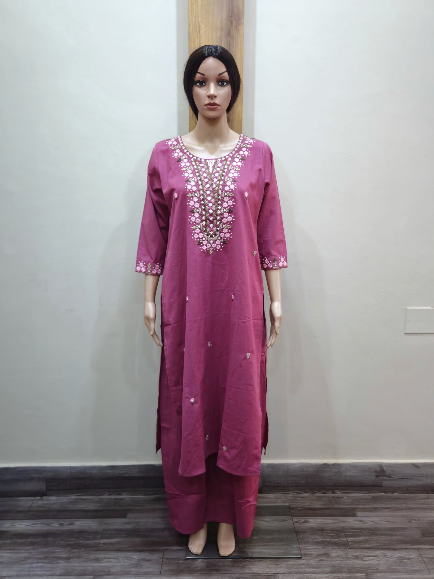 Pink Cotton Embroidered Pant Set