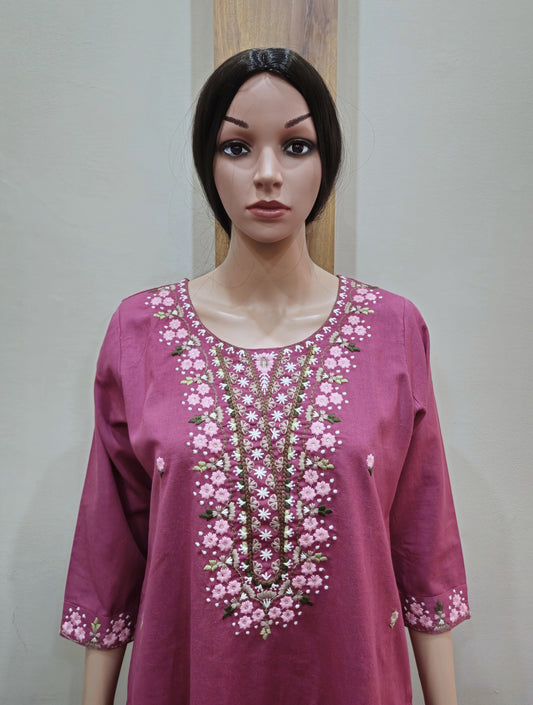 Pink Cotton Embroidered Pant Set