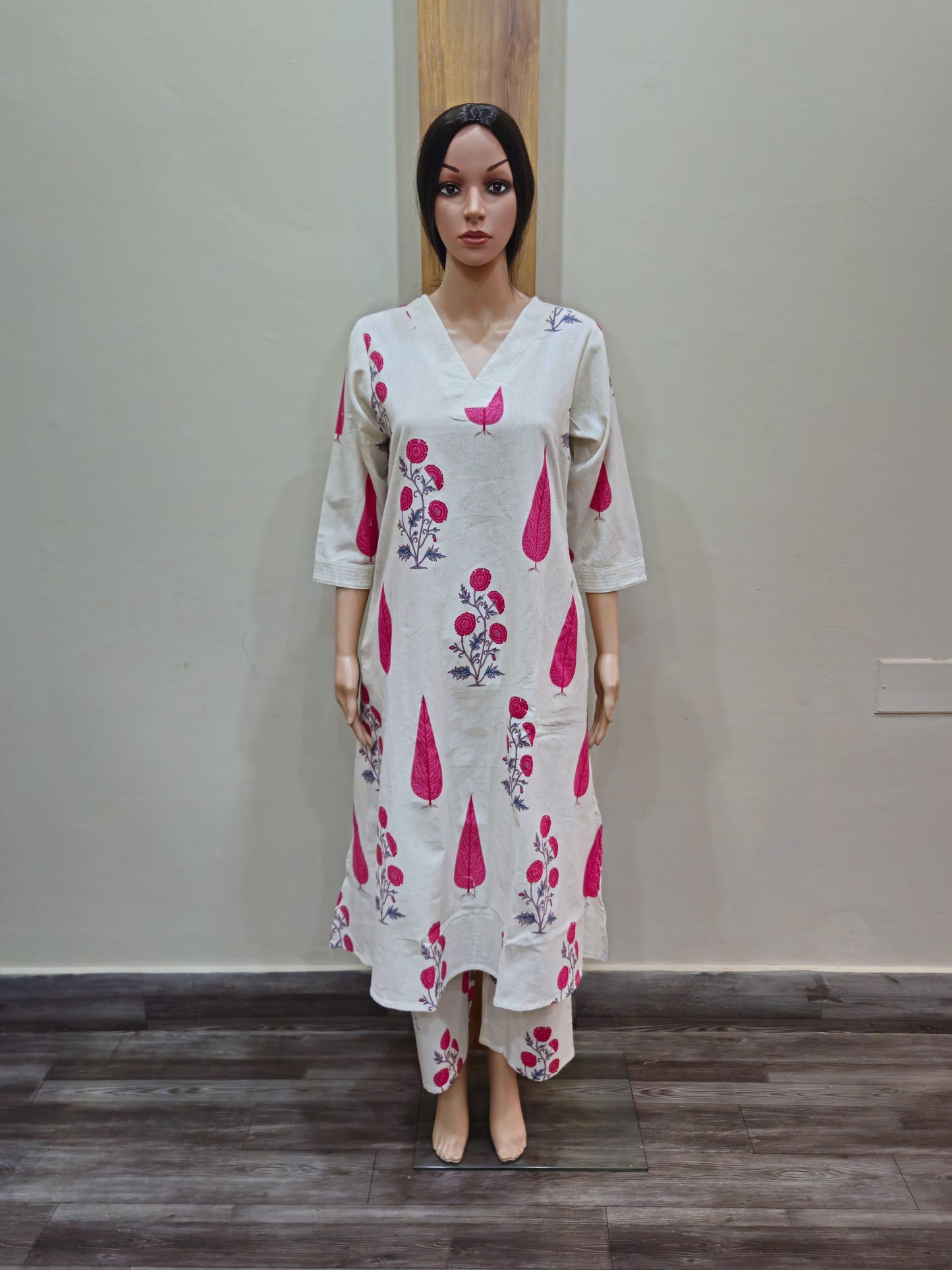 White and Pink Aline Cotton Pant Set
