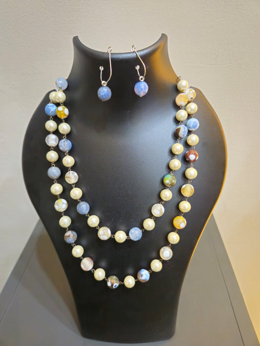 Fire Crackle Agates with Taiwan Shell Pearls Necklace and Earring Set