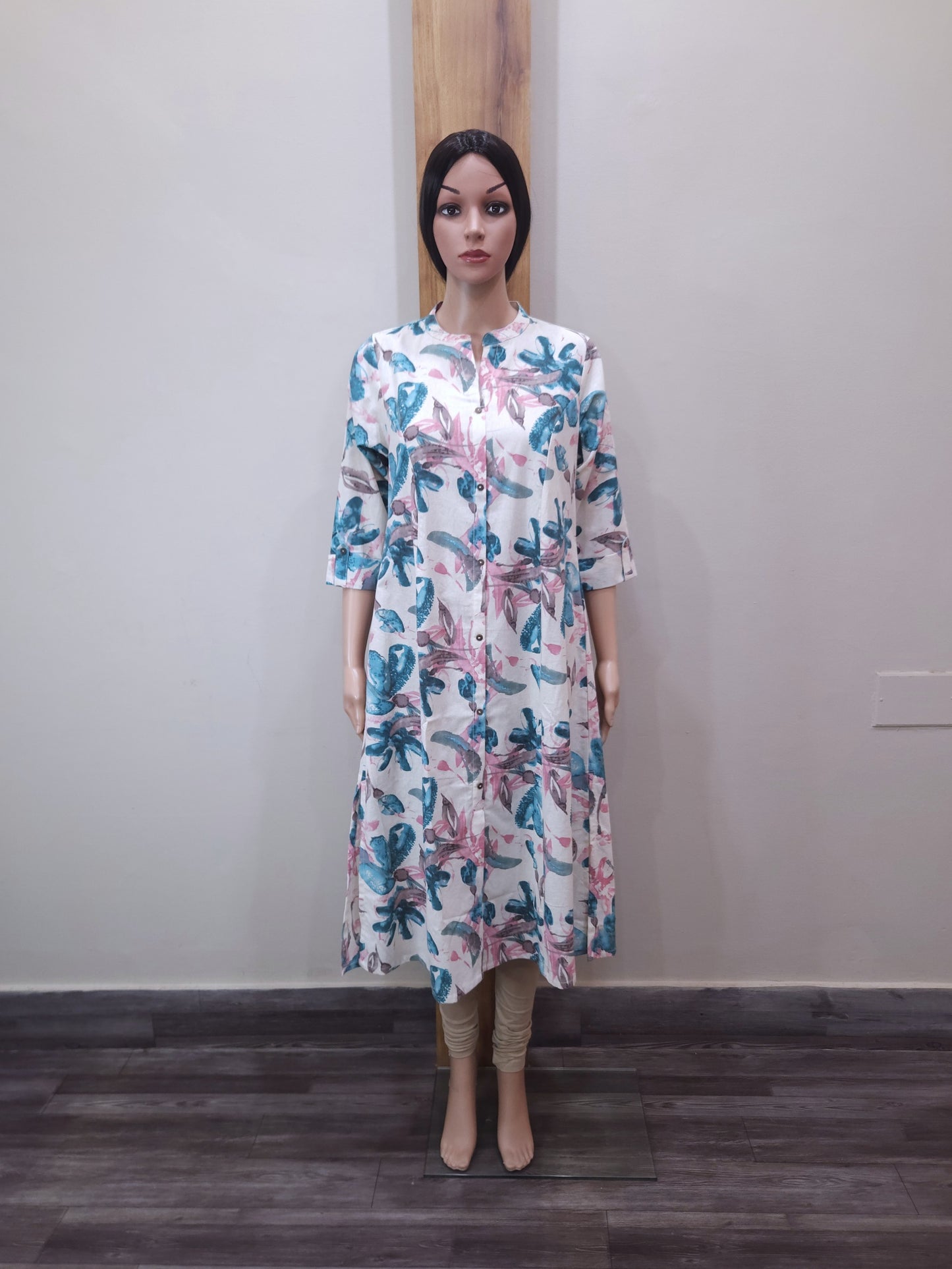 Offwhite Blue Pink Aline Cotton Flex Kurta