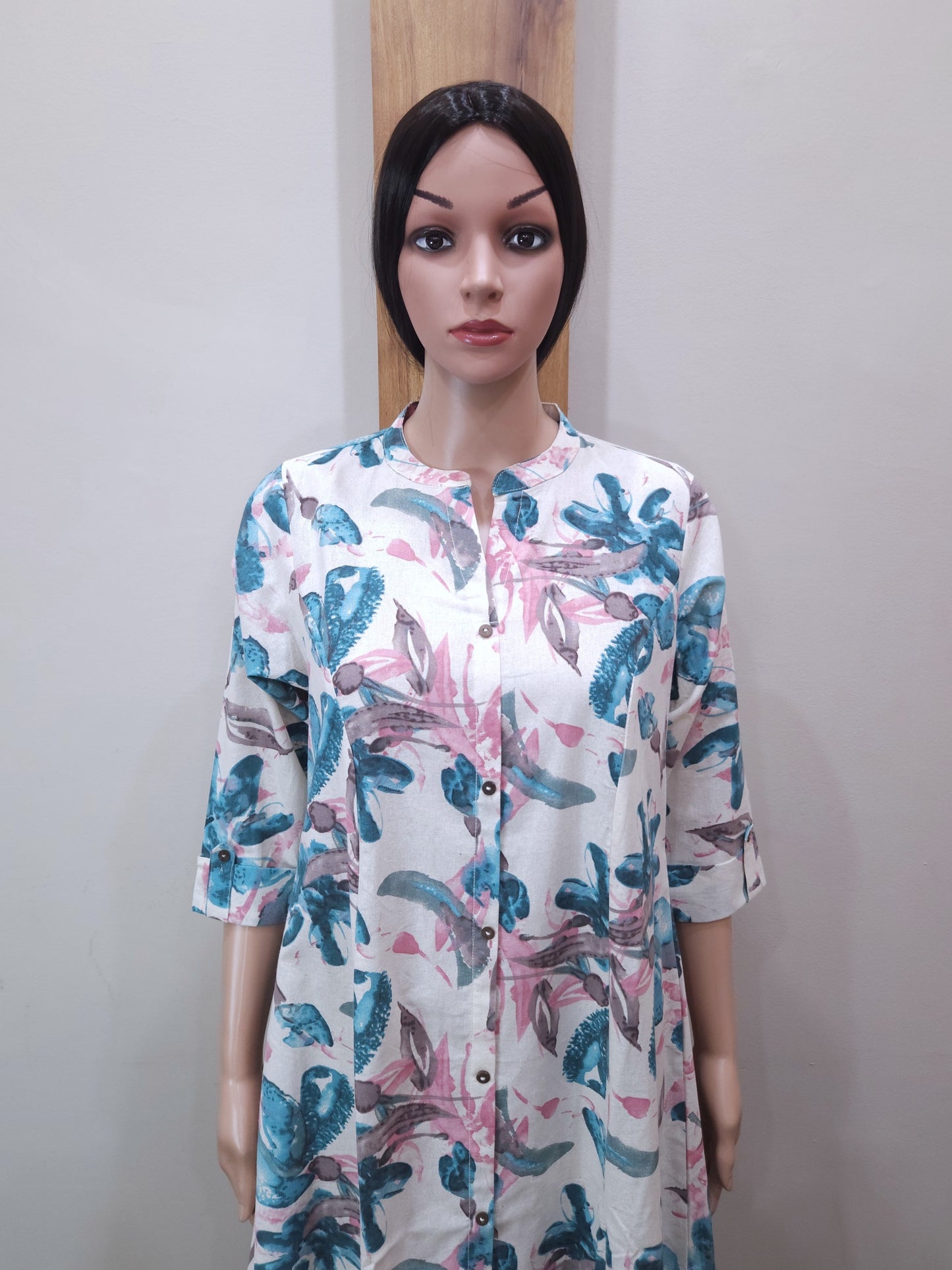 Offwhite Blue Pink Aline Cotton Flex Kurta