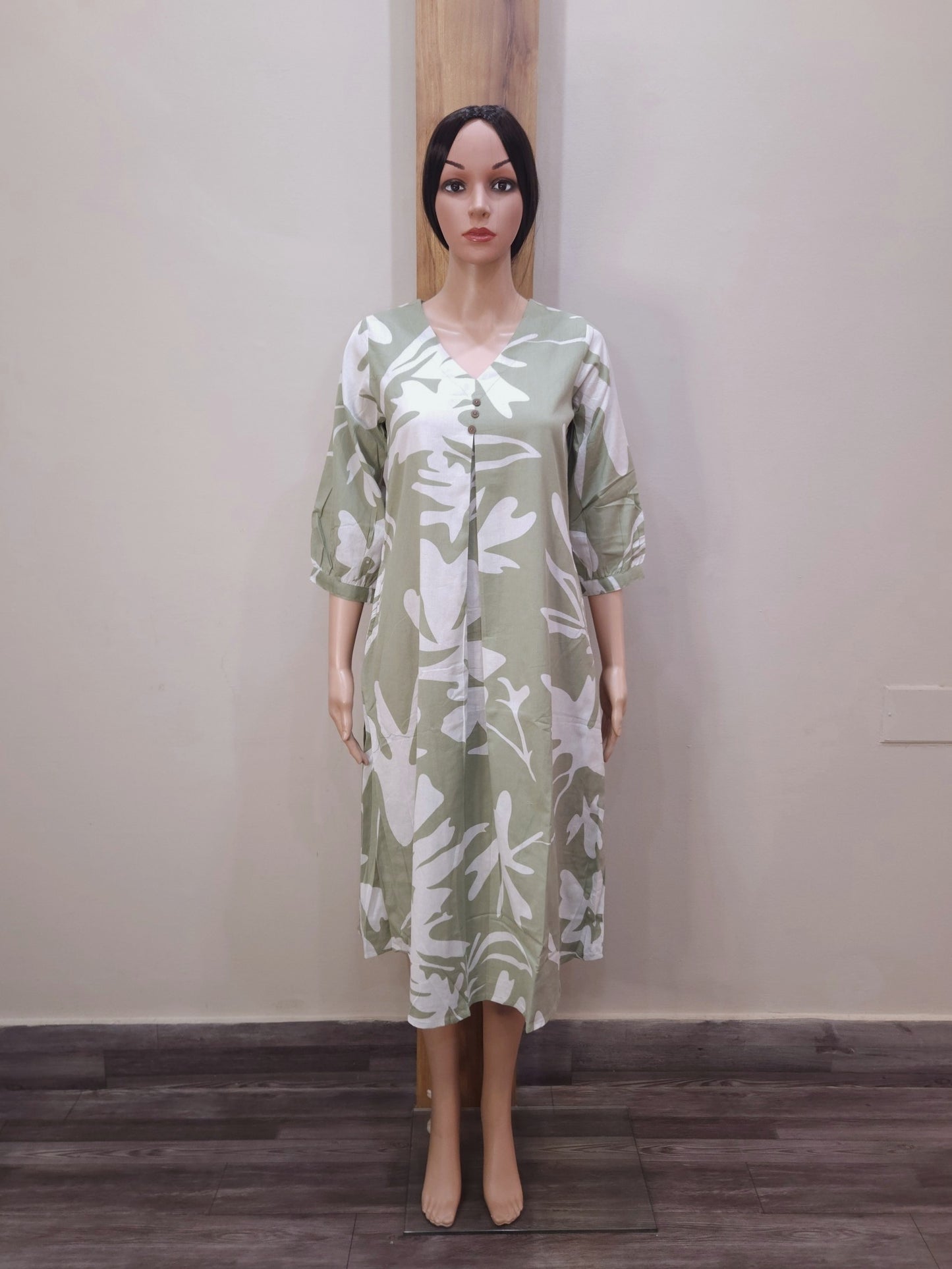 Green Cotton V Neck Kurti