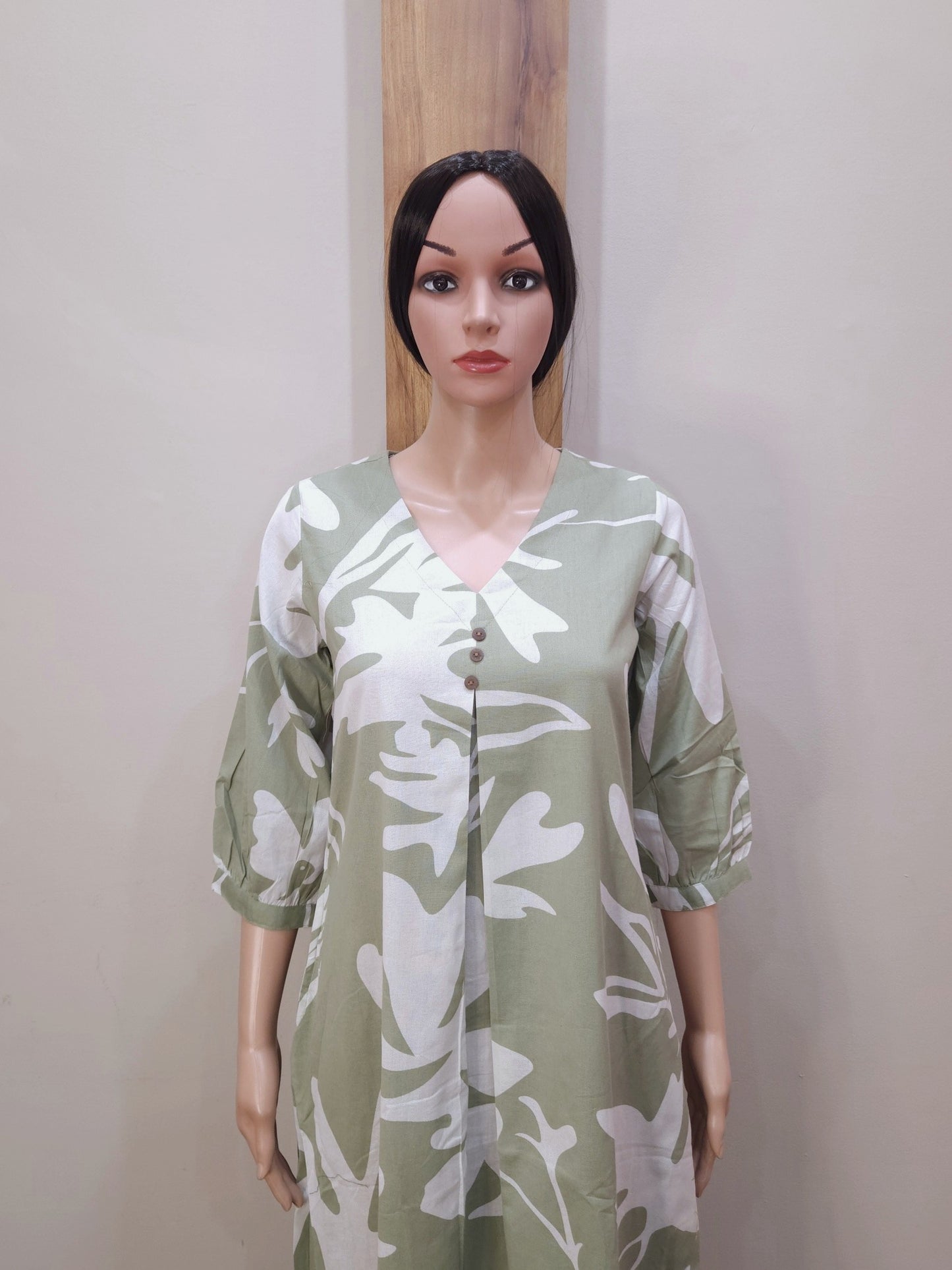 Green Cotton V Neck Kurti
