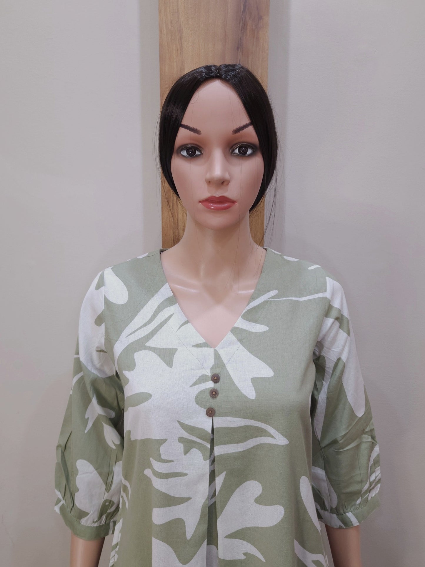 Green Cotton V Neck Kurti