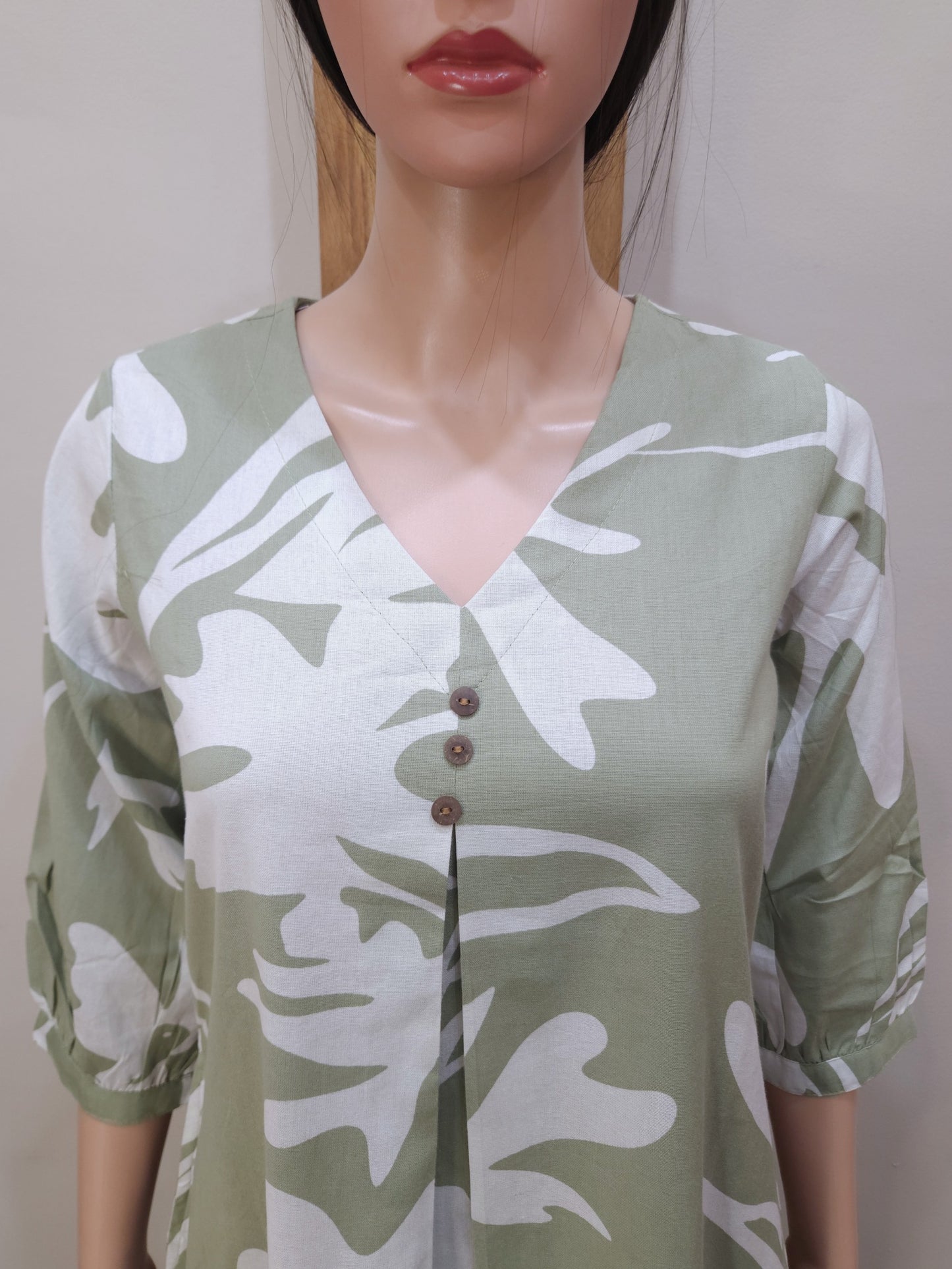 Green Cotton V Neck Kurti