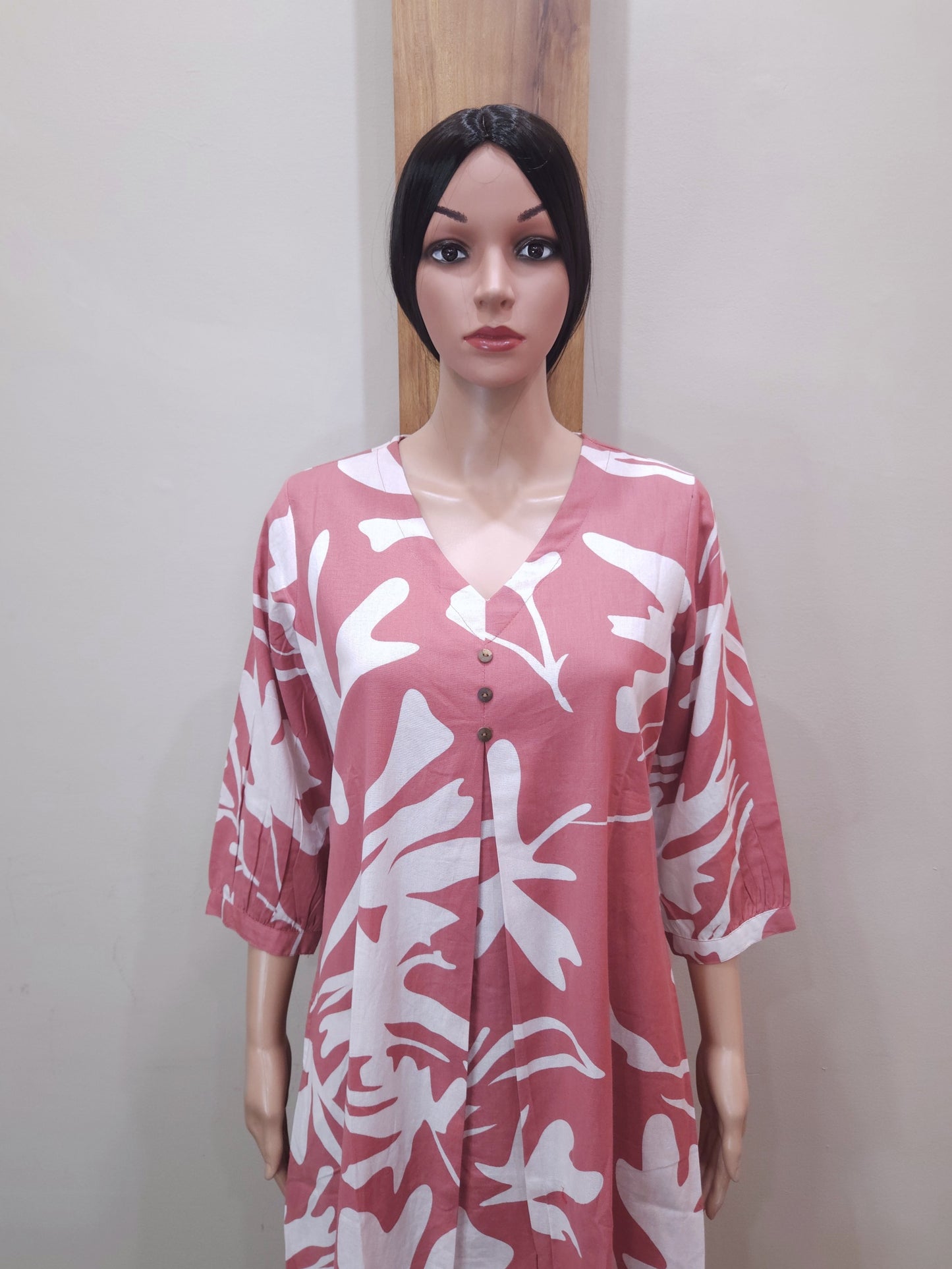 Pink Cotton V Neck Kurti