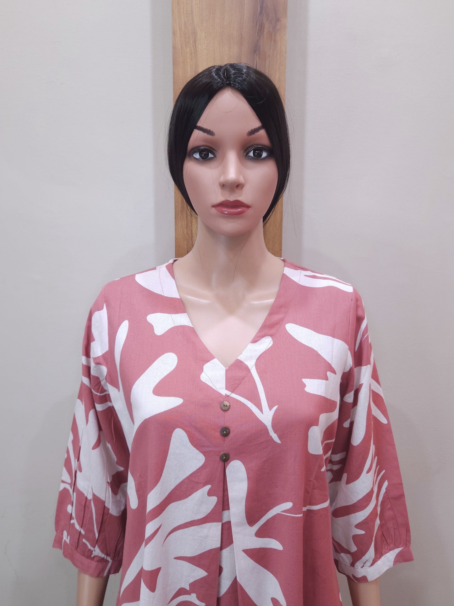 Pink Cotton V Neck Kurti
