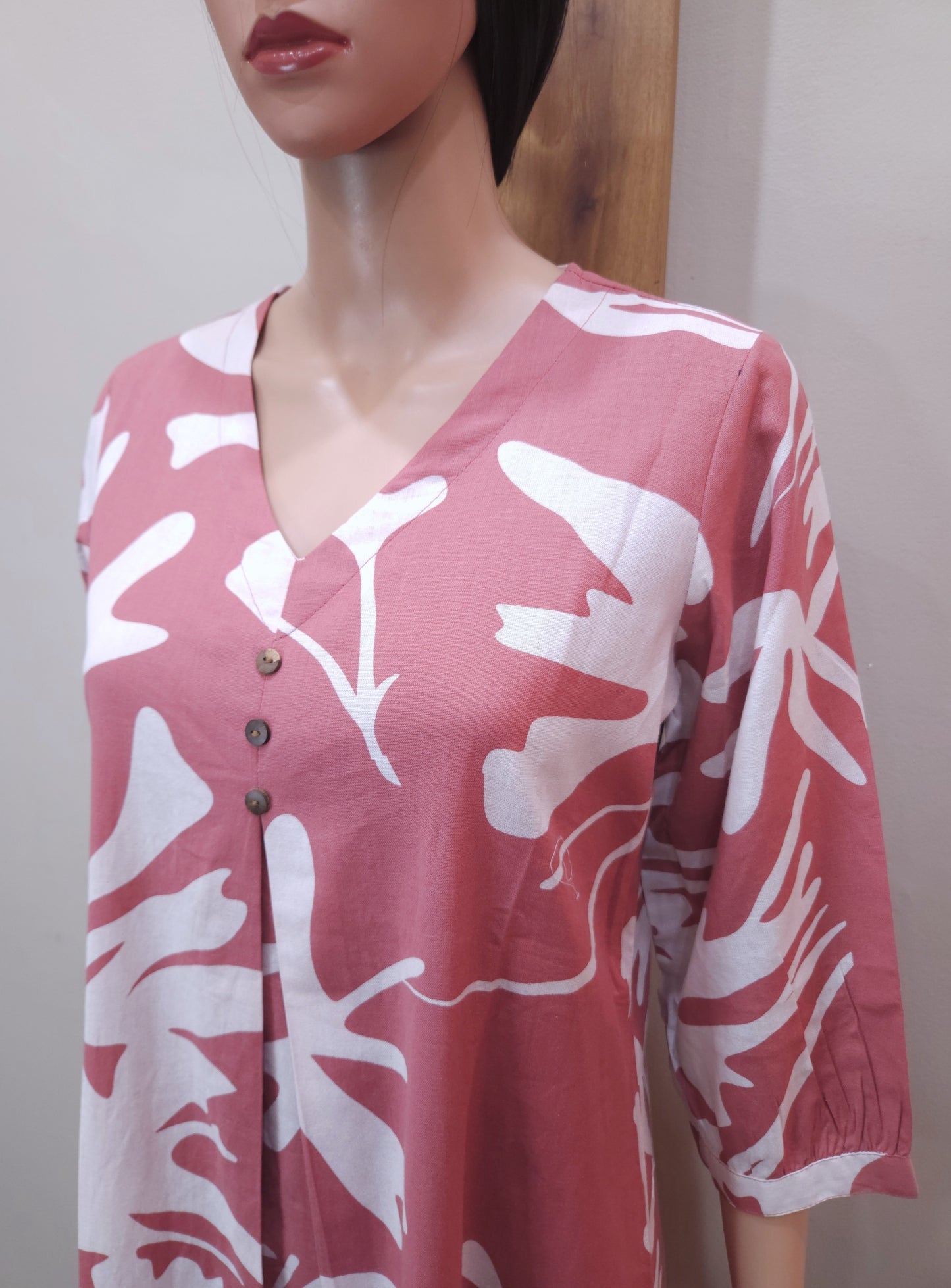Pink Cotton V Neck Kurti