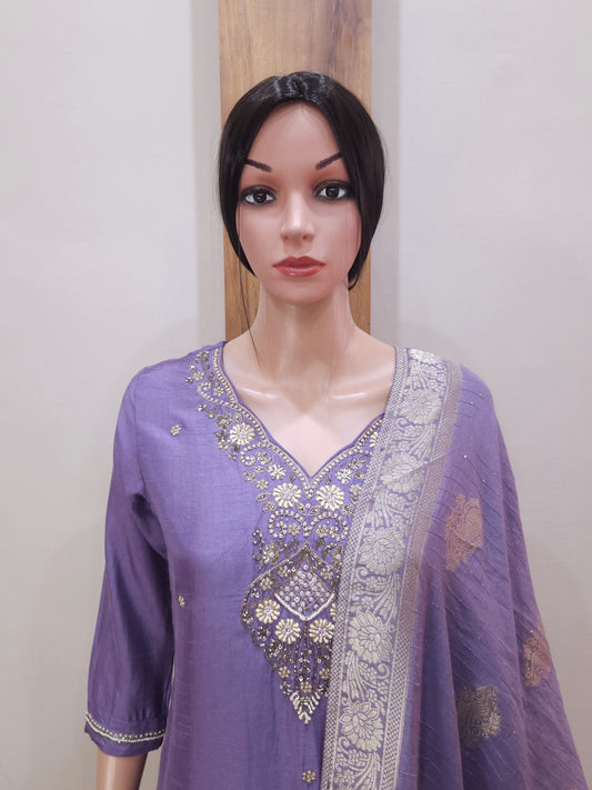 Lavender Dola Silk Heavy Embroidery Kurta with {ant and Sequin Work Dupatta