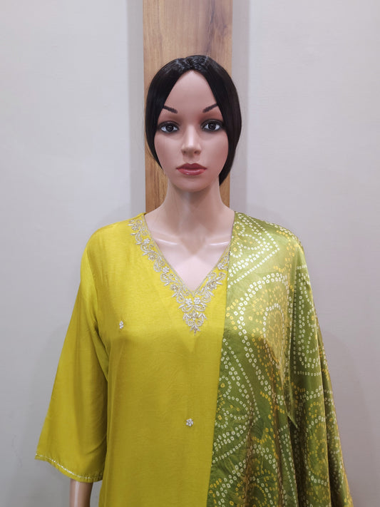 Green Dola Silk V Neck Kurta with Pant and Dupatta