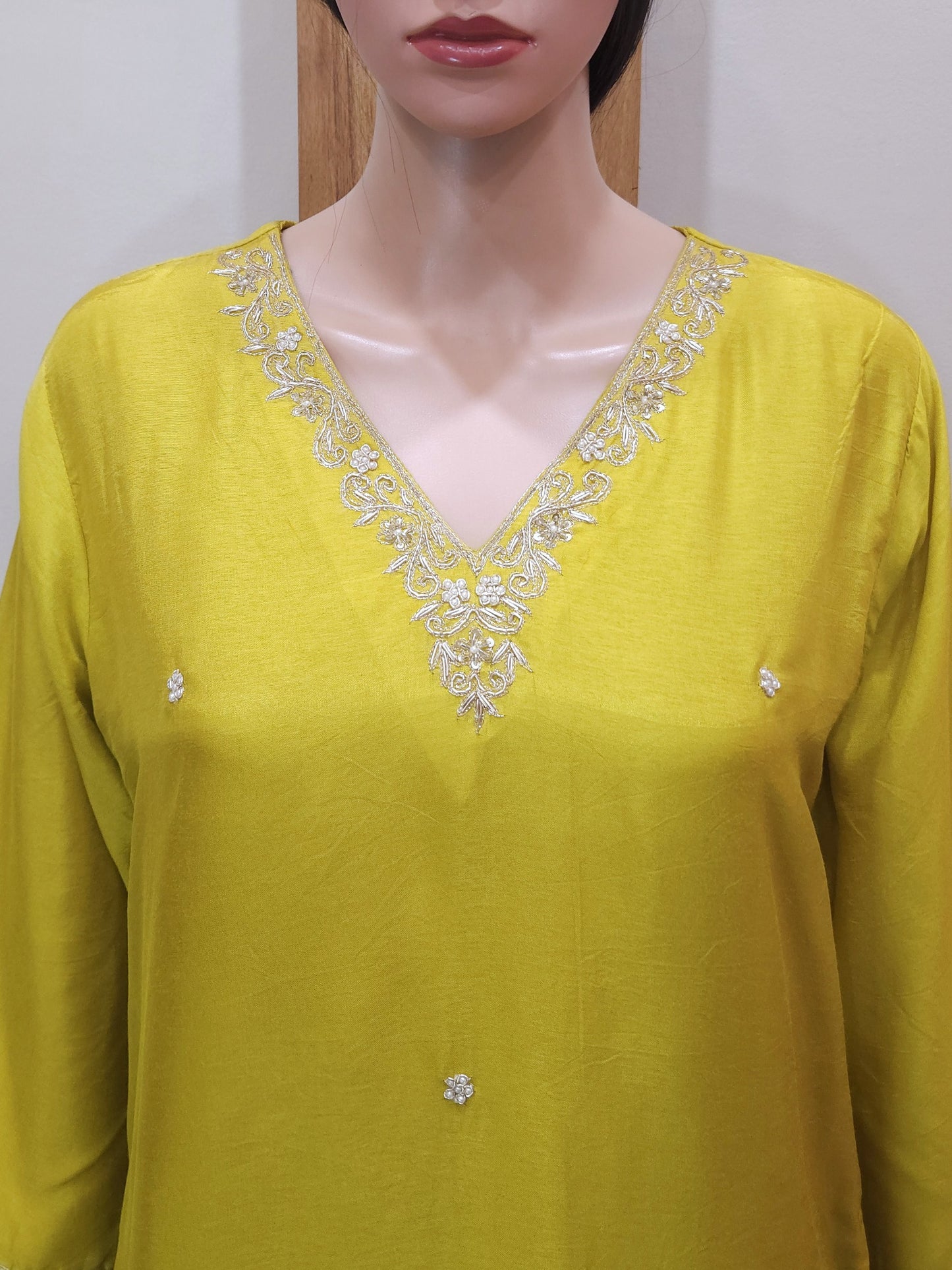 Green Dola Silk V Neck Kurta with Pant and Dupatta